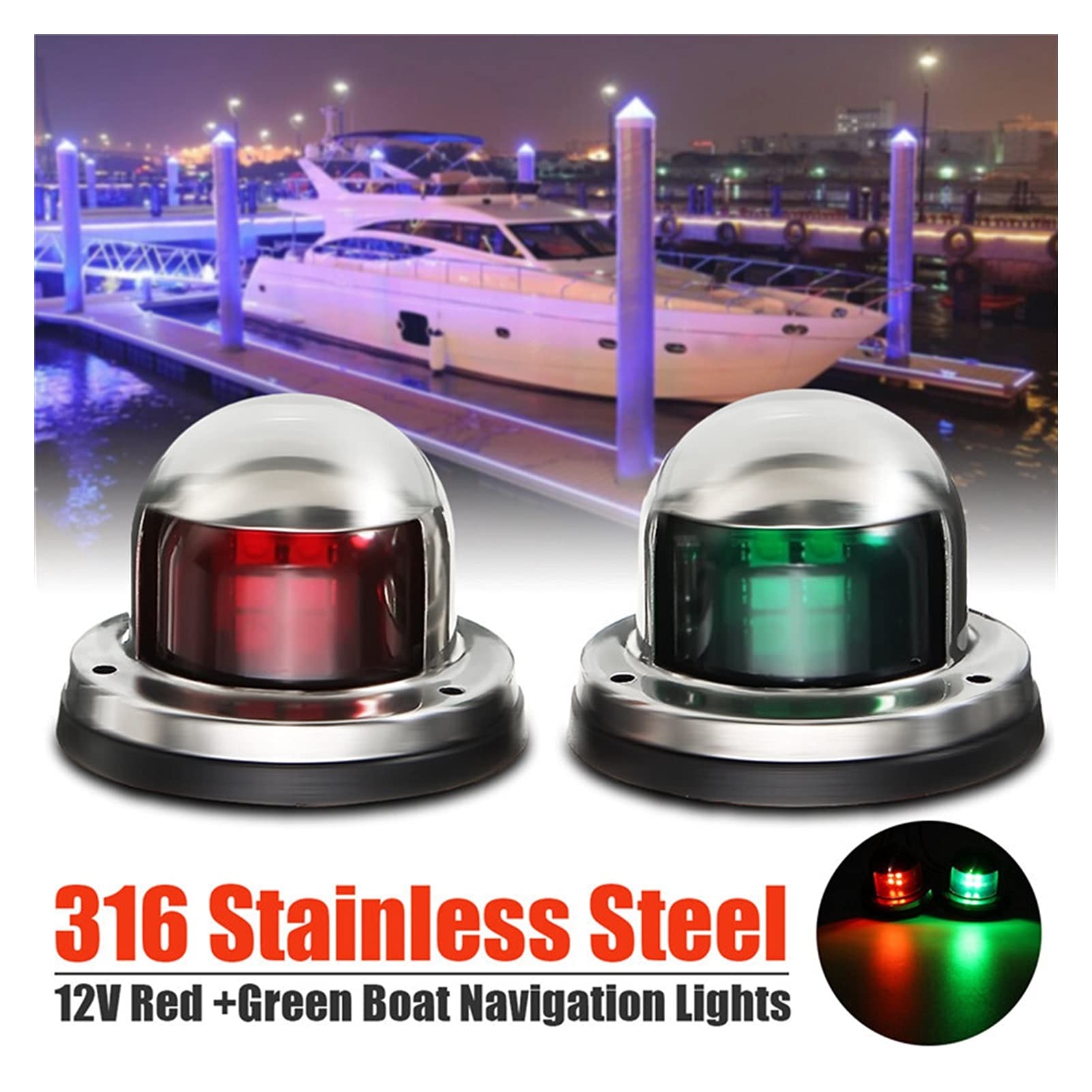 1 paio di fiocco rosso in acciaio inox 12V GUIDATO Luci navigazione Barca Indicatore marino Spot Light Marine Boat Yacht Per la navigazione e la pesca