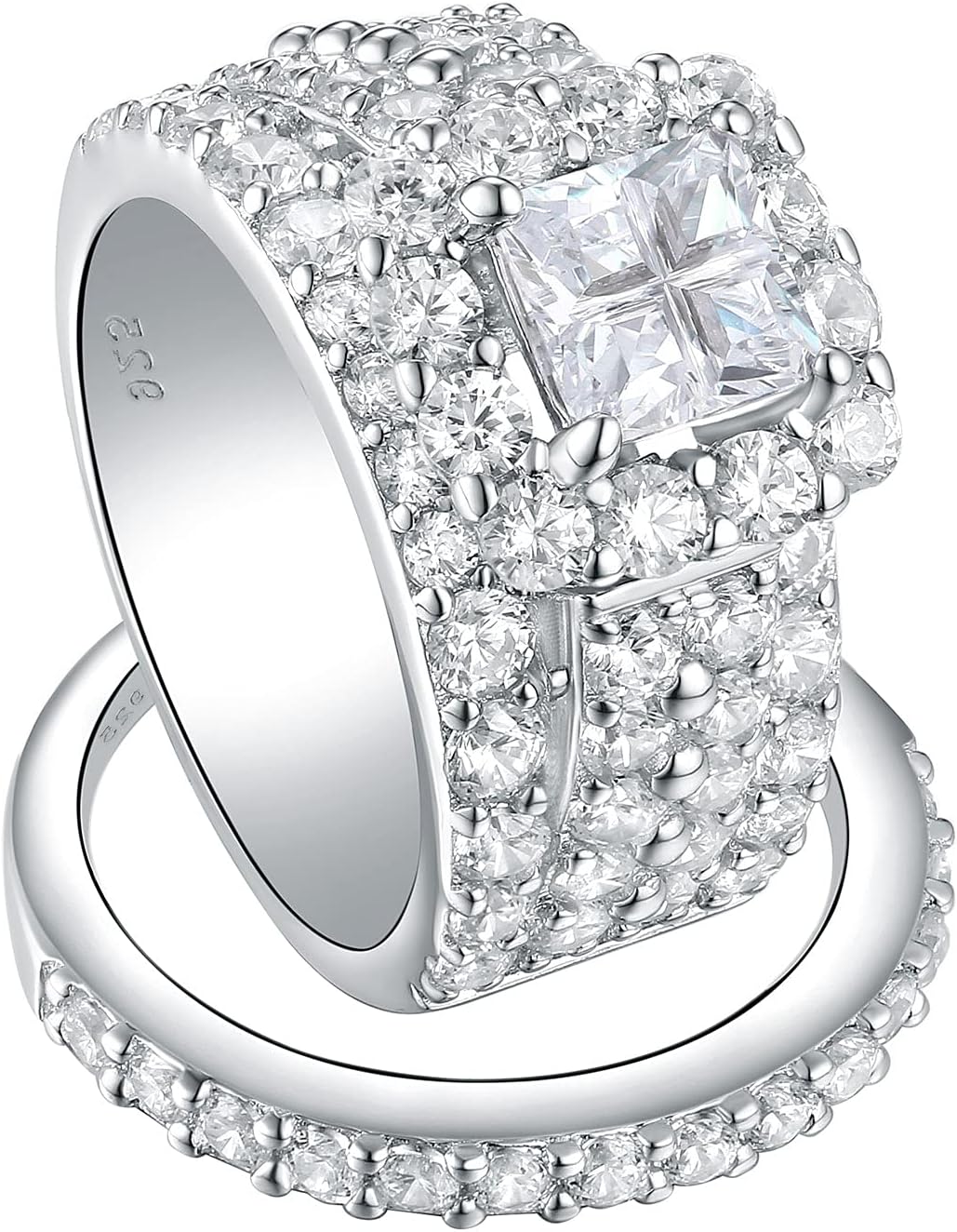 Wuziwen Princess Cross Engagement Ring Wedding Rings Set for Women 925 Sterling Silver Cubic Zirconia