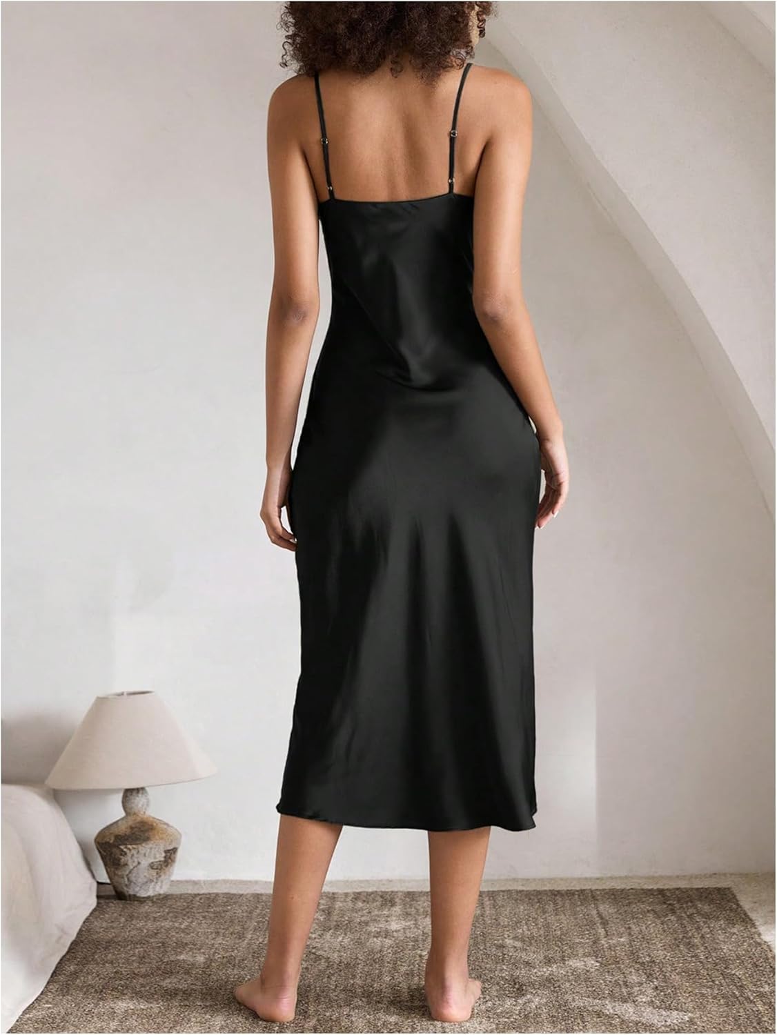 OYOANGLE Satin Nightgown for Women Soft Spaghetti Strap Long Dress V Sleeveless Solid Loungewear Sleepwear Chemise - Image 2