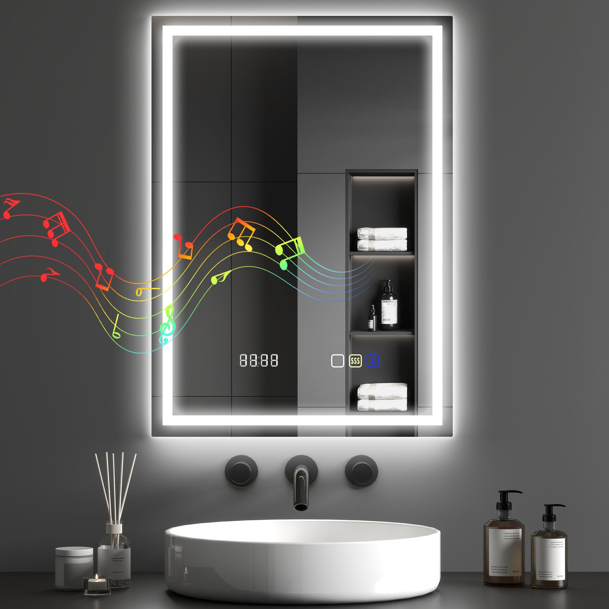 Bathroom Mirror 700x500mm LED Bluetooth Speaker Demister Clock Touch Sensor
