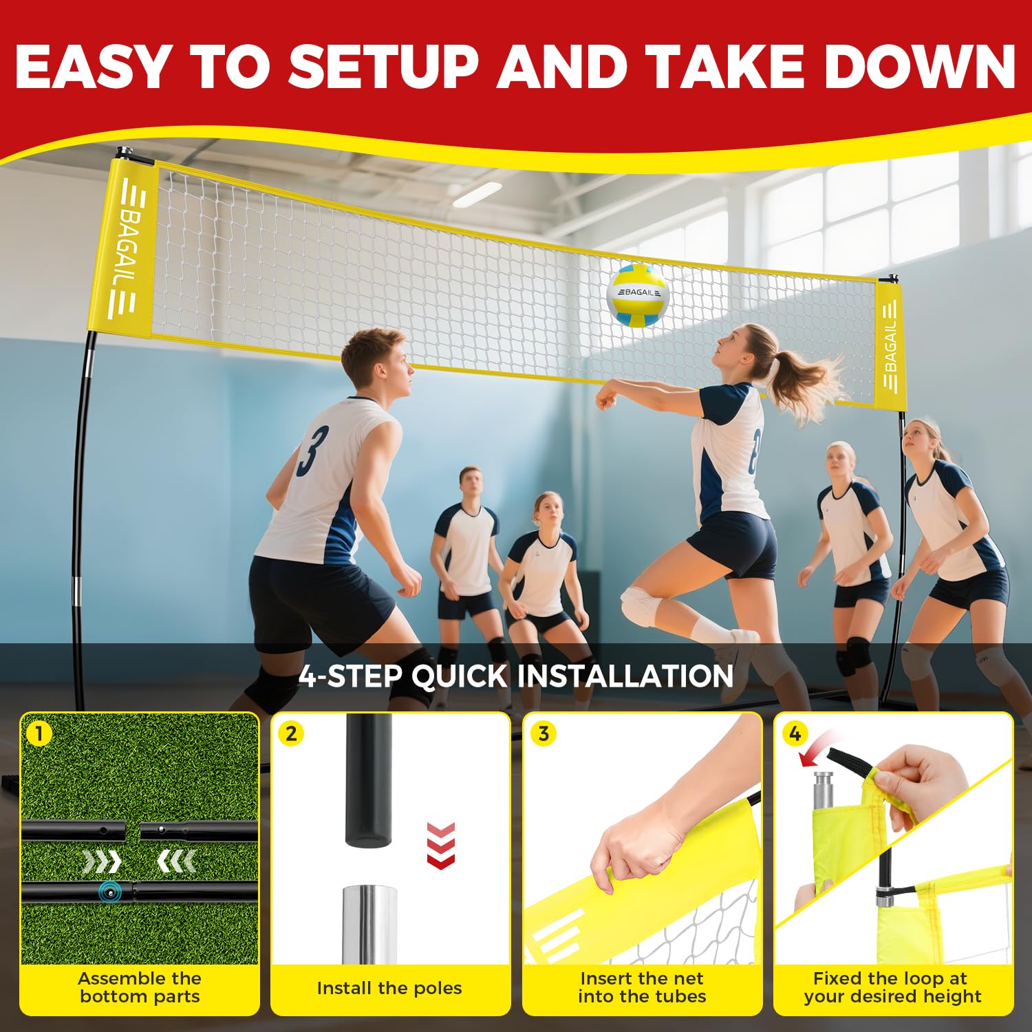 Filet de volley-ball portable 3,7 m/6,1 m réglable pour arrière-cour - Ensemble intérieur/extérieur avec sac de transport