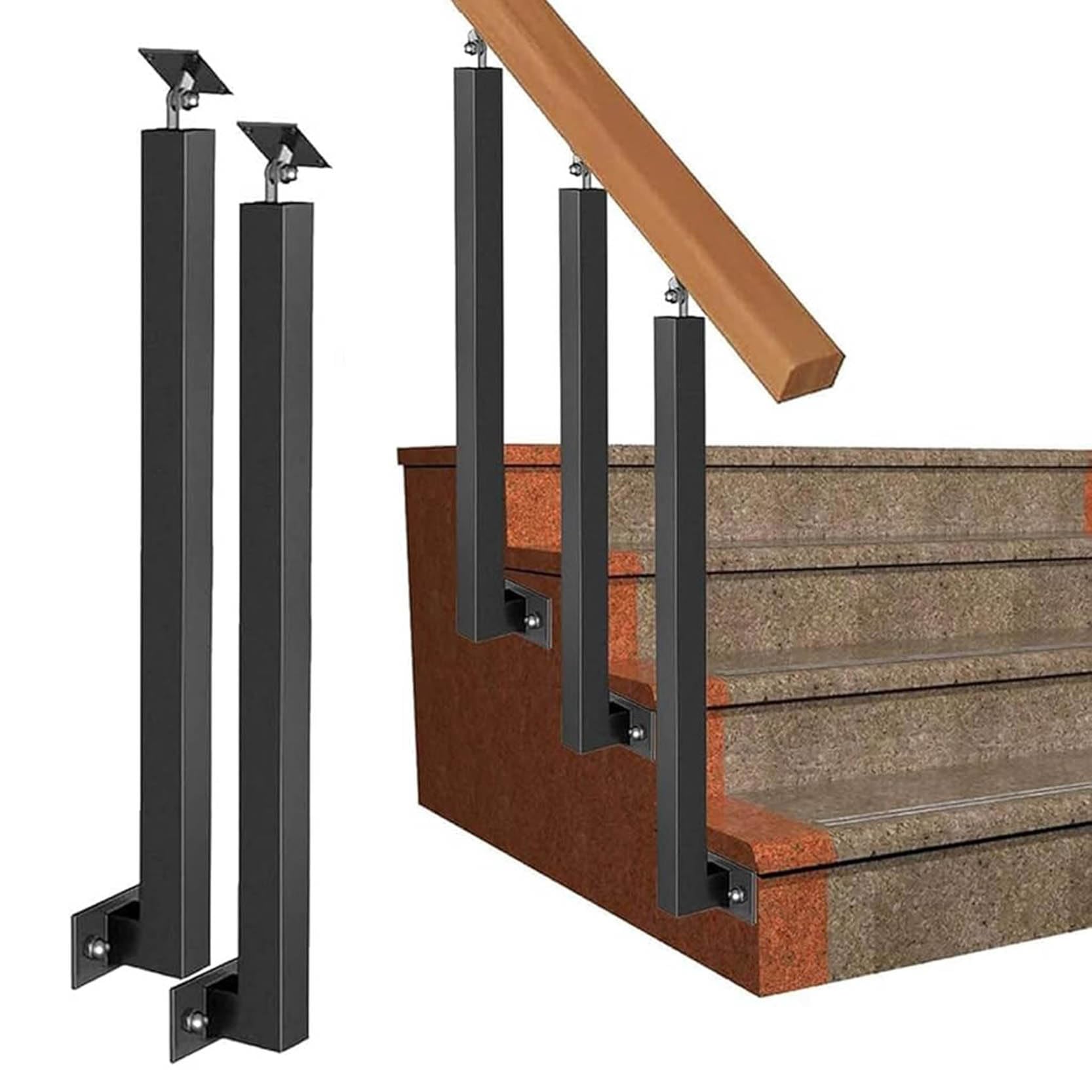 270°Adjustable Metal Railing Spindles,Black Iron Banister Posts with Flat Bracket Base,Square Stair Baluster Posts for Deck,Balcony,Stair,Decor Railing(Size:2.95ft/90cm,Color:2 Pack Side Mount)