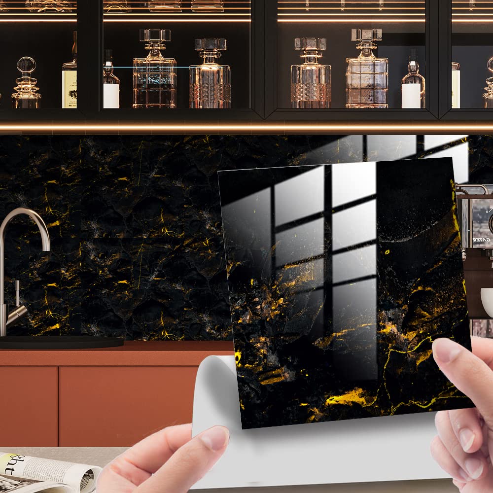Horiwe Black+Gold Marble Pattern 2 Marble Tile Stickers For Kitchen Bathroom Backsplash Pvc Waterproof Oil Proof Diy Self Adhesive New Wall Stickers Home Decor 20Pc (, 10X10cm(4"X4"))