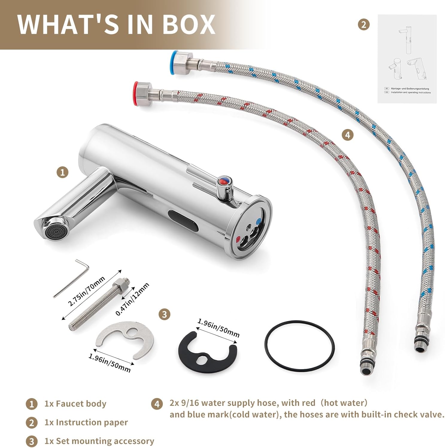 Automatic Touchless Bathroom Sink Faucet Motion Activated Sensor Hands Free Auto Off 1 Hole Commercial Infrared Brass Basin Faucets Adjustable Cold Hot Single Handle Water Mixer（Chrome）