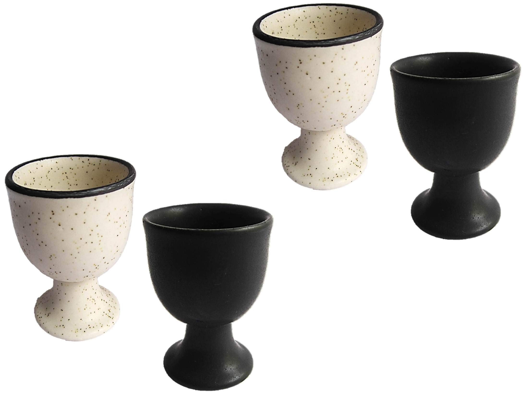 muccasacra Soft Boiled Egg Holder | Egg Cup Set | Ceramic Egg Holder, Ivory and Black Pottery Set of Four, Housewarming Gift