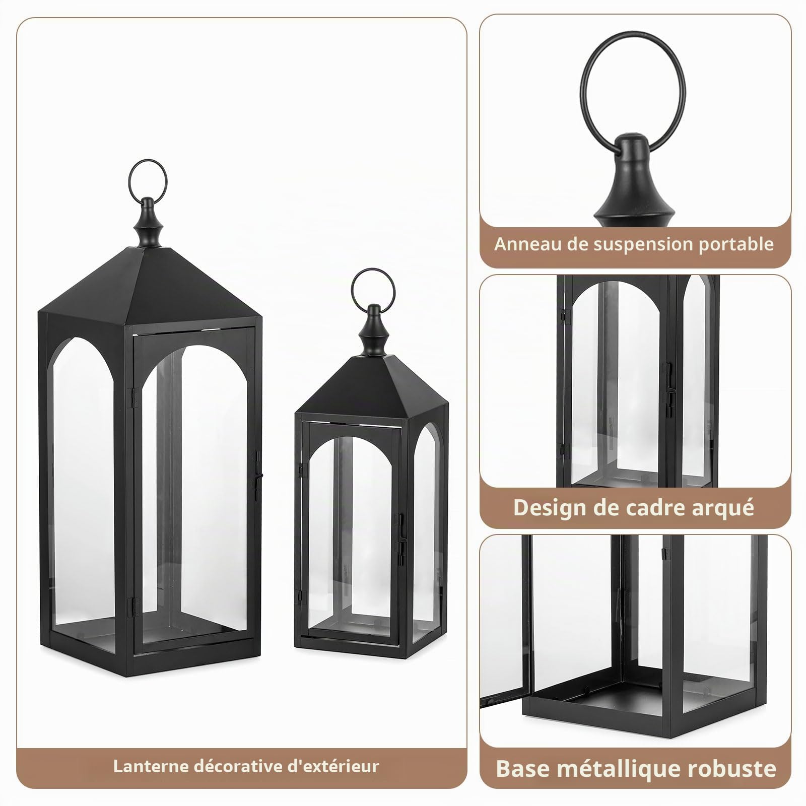 Lot de 2 lanternes d'extérieur résistantes aux intempéries pour balcon, jardin, noir, XXL