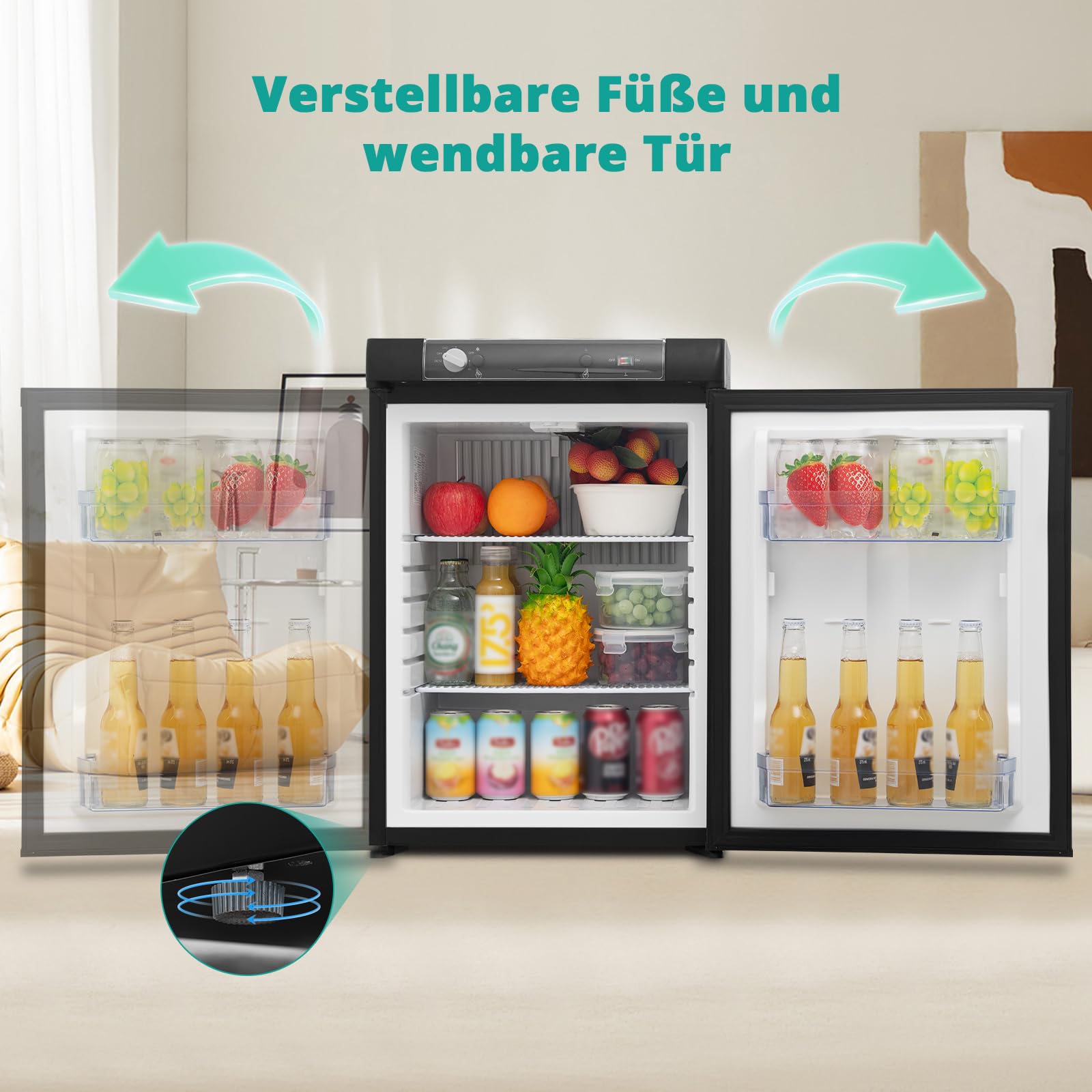 SMETA Camping kühlschrank 12V 230V Gas,Wohnmobil Kühlschrank 60L,Gas Kühlschrank,3 Wege Kühlschrank 60L, Tragbarer Kühlschrank für Wohnmobil, Wohnwagen, LKW, Van, Garage, Cottage, Leiser 0dB