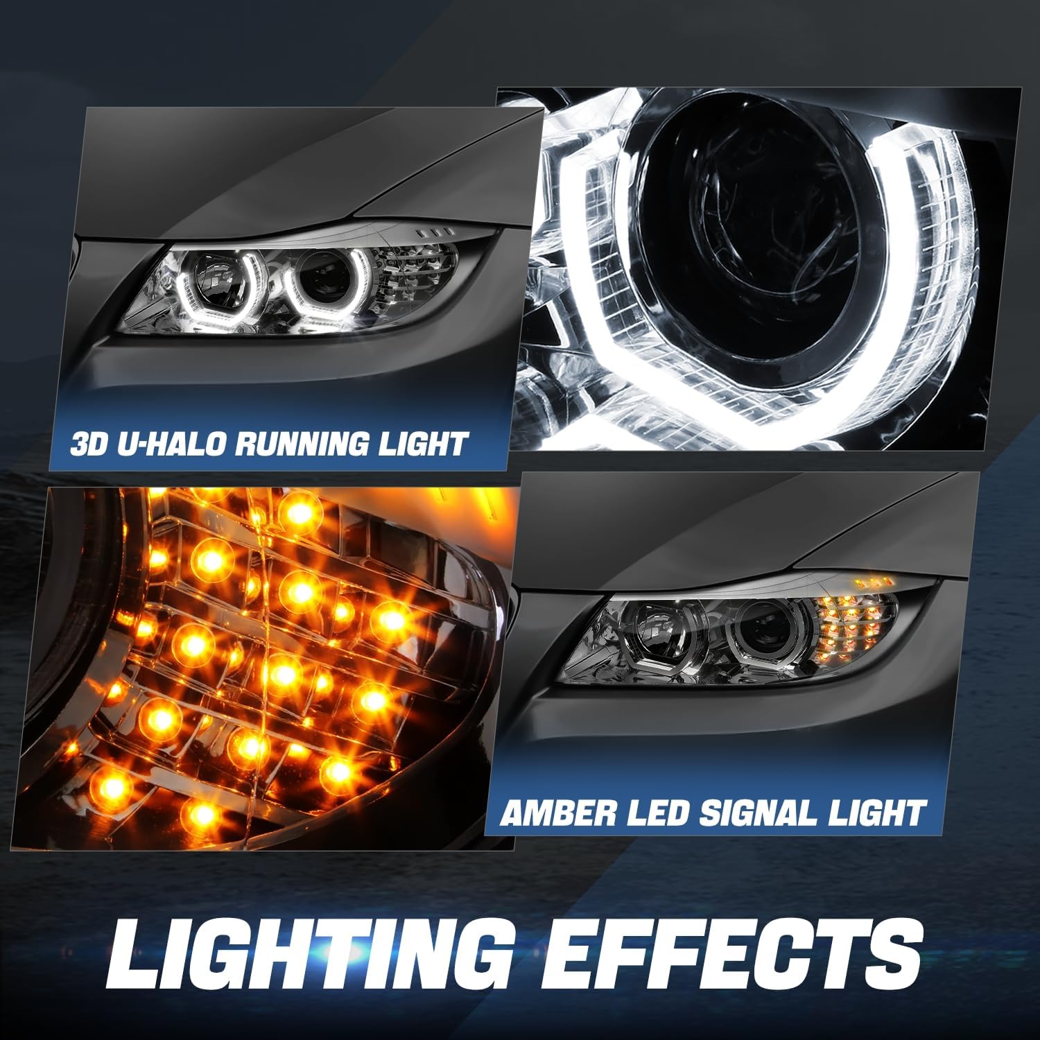 Auto Dynasty LED Halo Headlights Assembly Compatible with 2005-2008 BMW 325i 330i 4-Dr Sedan, Left and Right Side, 3D Crystal Gray Trim U-Halo, Projector Low Beam, LED Turn Signal, Chrome Housing