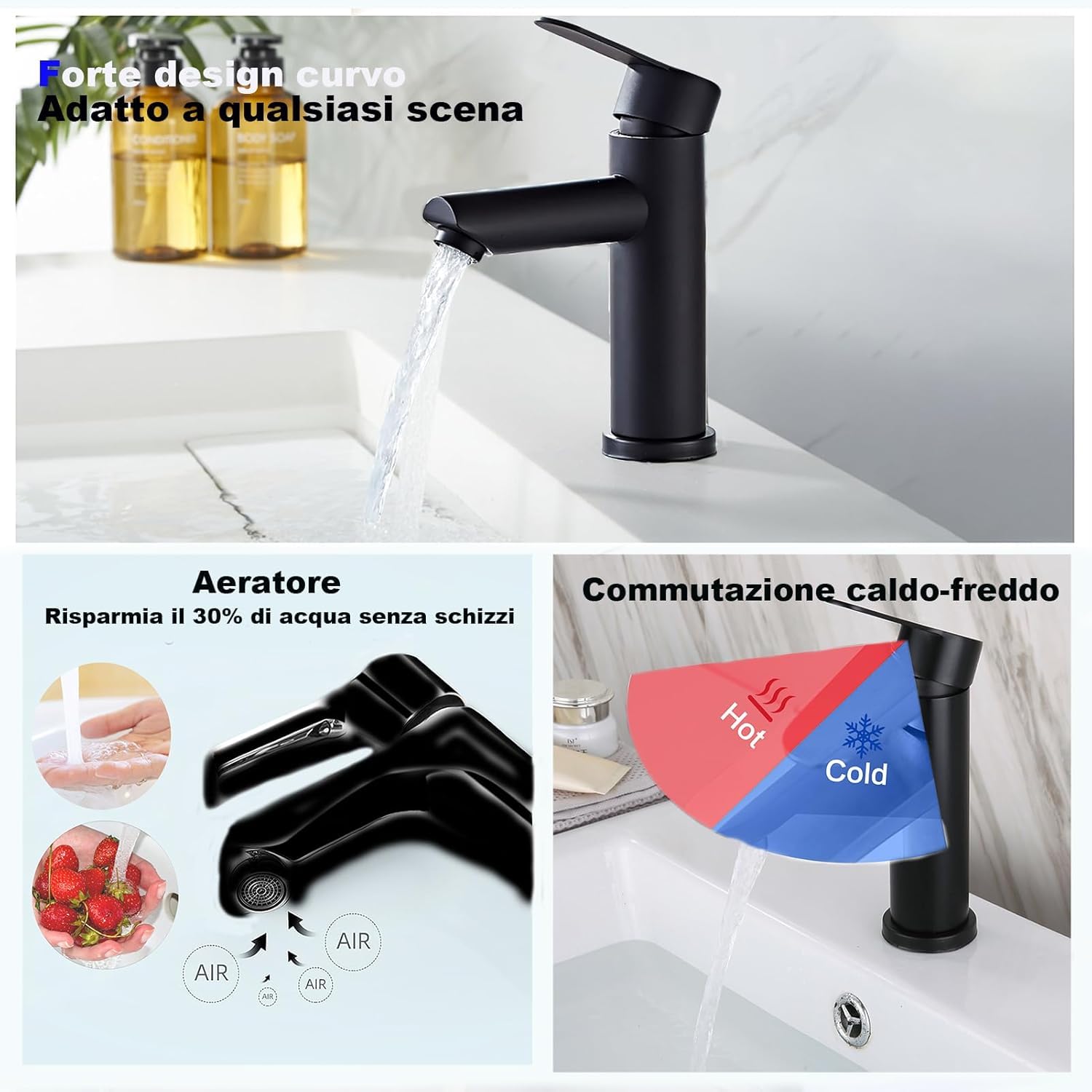 XWIHTR Rubinetti per lavabo e bagno caldi e freddi in acciaio inox, con risparmio idrico silenzioso e senza gocciolamento per bagno, lavabo, piccoli rubinetti da cucina (nero)