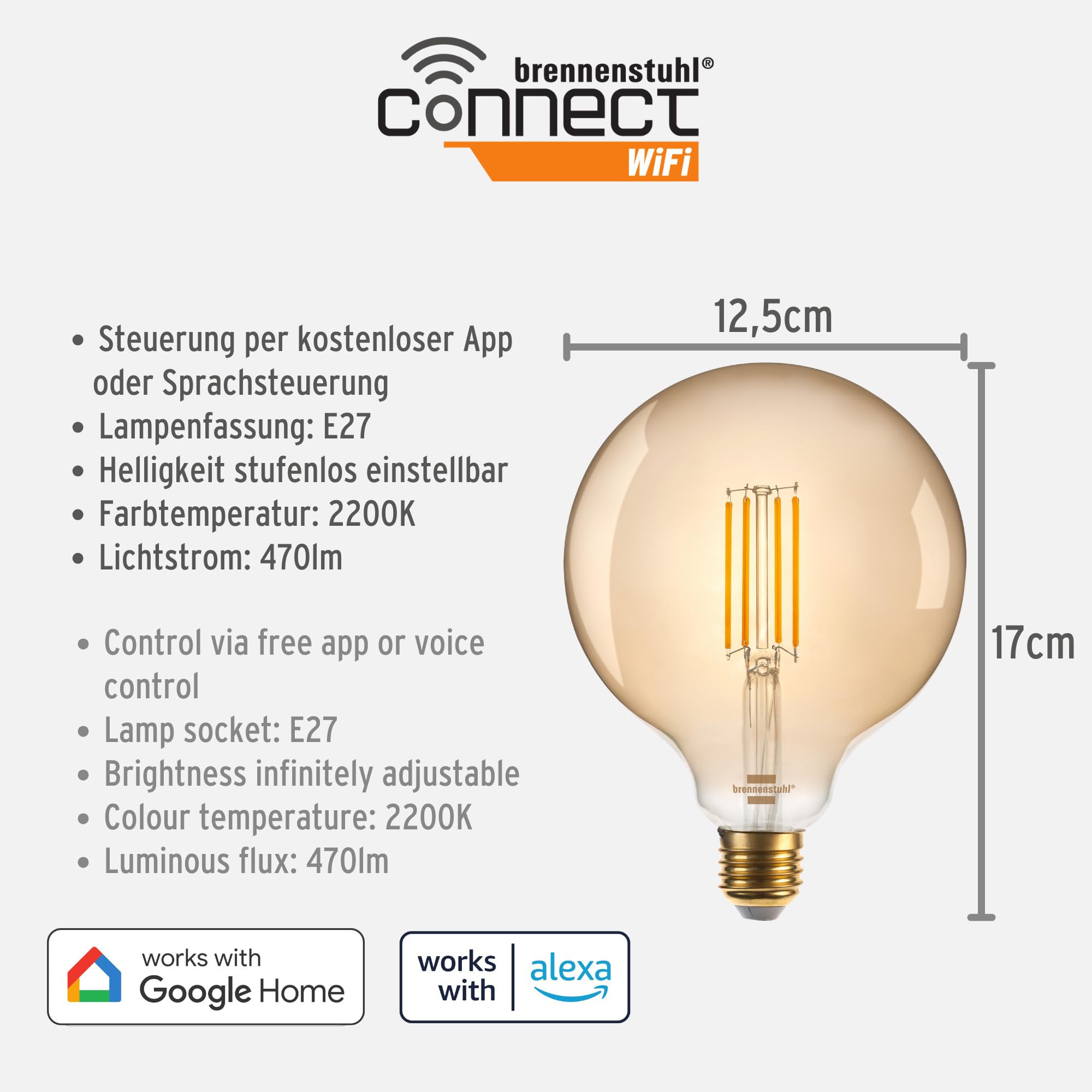 Brennenstuhl Connect WiFi Bombilla filamento LED Globe (Bombilla inteligente, compatible con Amazon Alexa y Google Assistant, bombilla E27, 470lm, 4,9W, luz cálida 2200K, luz regulable, vintage)