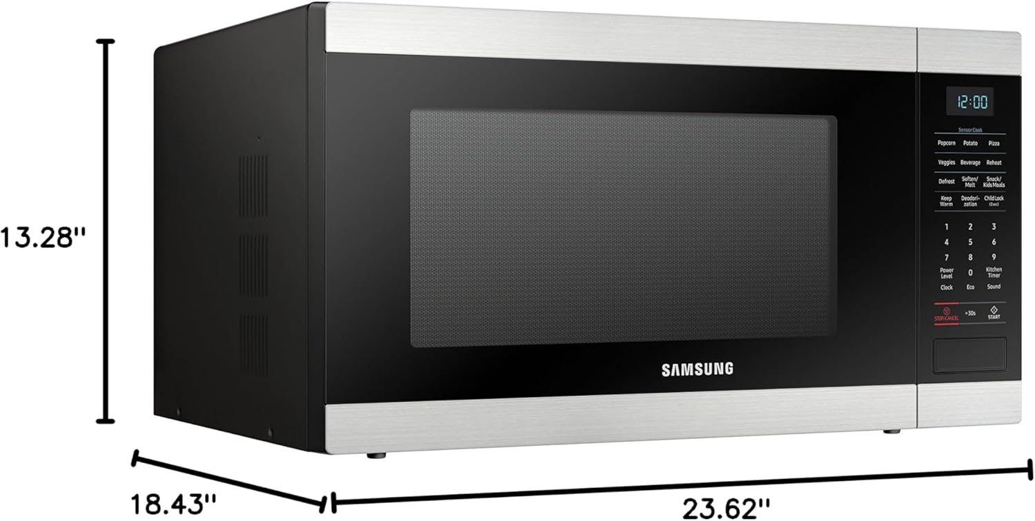 Samsung MS19M8000AS/AA Microwave with dimensions labeled
