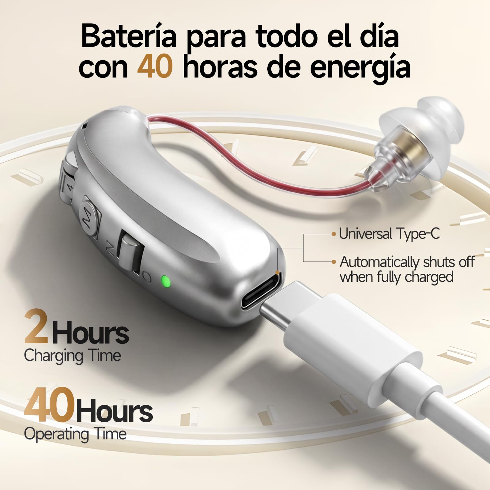 dispositivo con reducción digital de ruido, ganchos para las orejas flexibles de TPE para una comodidad óptima, Carga Rápida USB-C, Autonomía 40h (Plata - 1 Unidad)