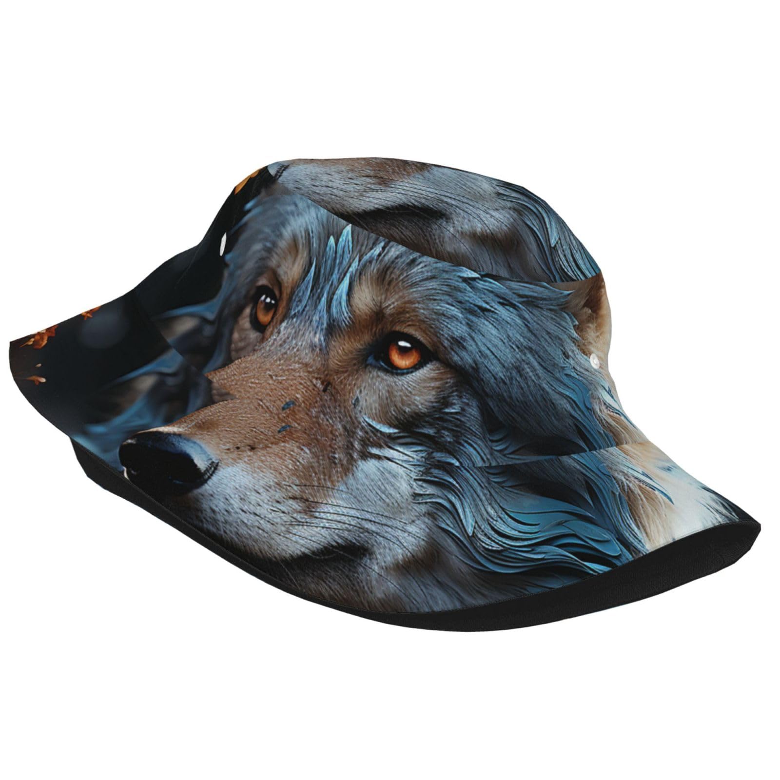 Unisex Cute Bucket Hat Summer Travel Fisherman Cap Autumn Leaves and A Wolf Beach Travel Sun Hat Outdoor Cap Black