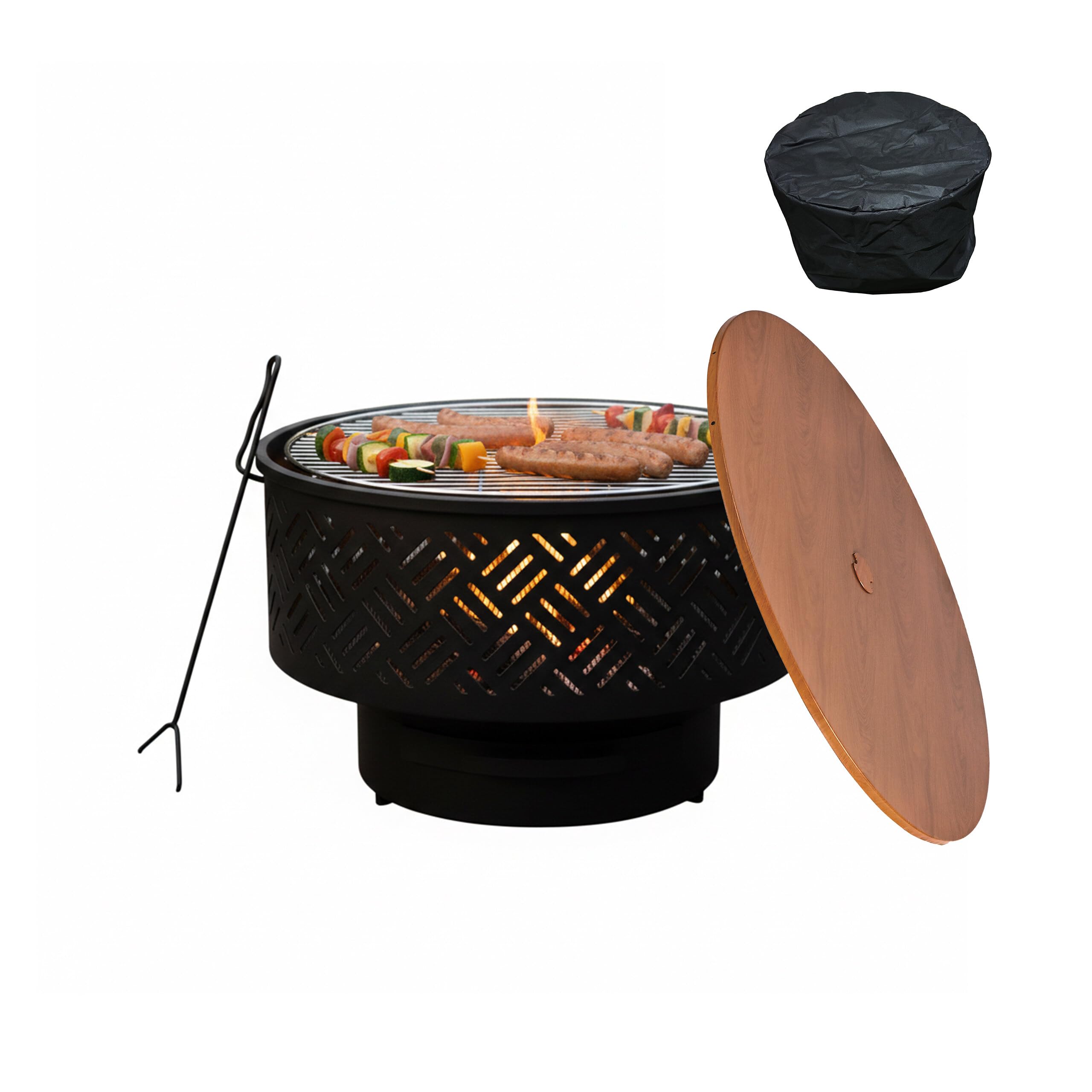 Relaxdays Braciere, Ø 66 cm, con griglia, Coperchio, attizzatoio e Copertura Impermeabile