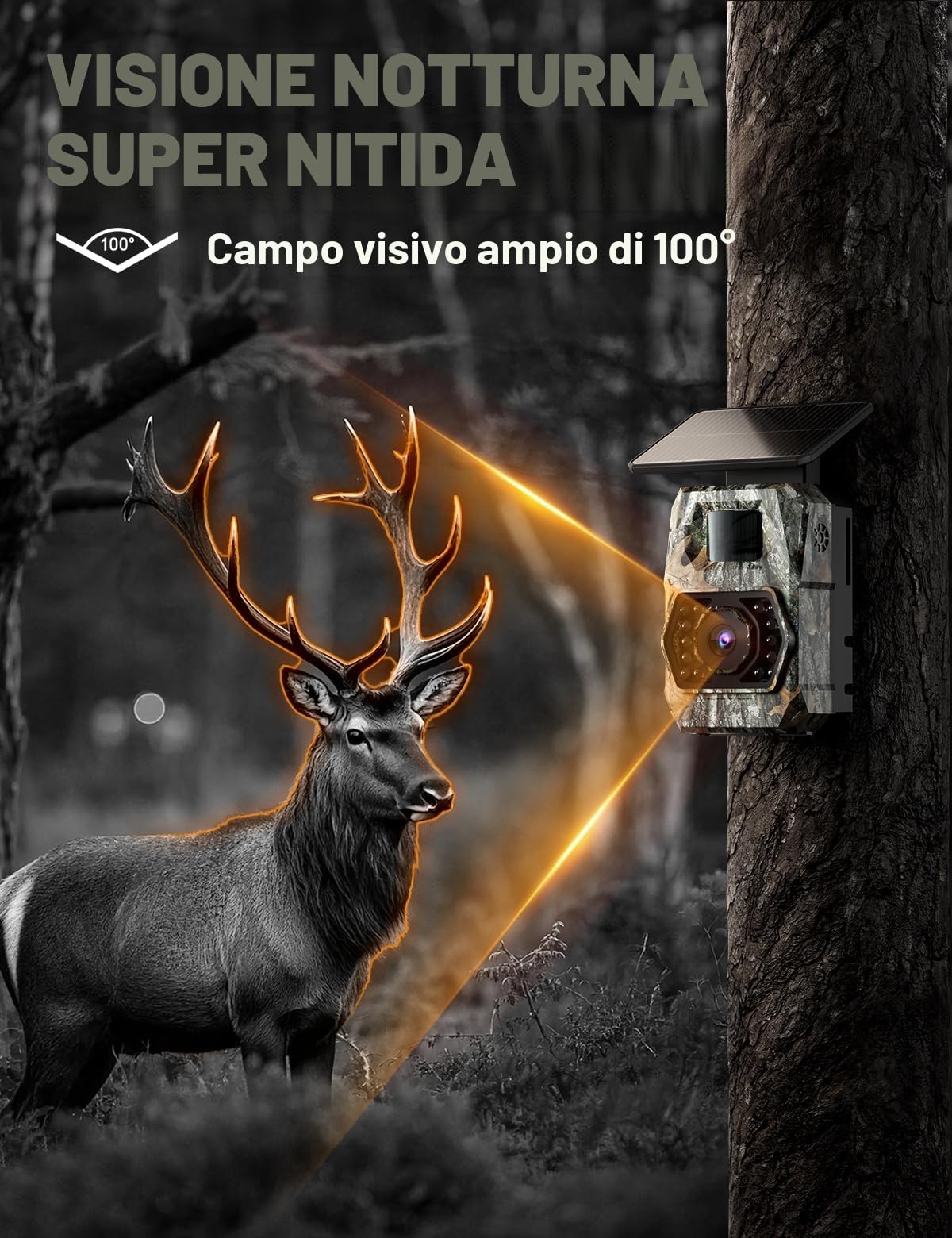 Fototrappola con Pannello Solare 60MP 4K 30fps, WIFI Bluetooth e App Fototrappola con Batteria Ricaricabile da 5200mAh Angolo di Rilevamento 100°HD Visione Notturna Impermeabile IP66