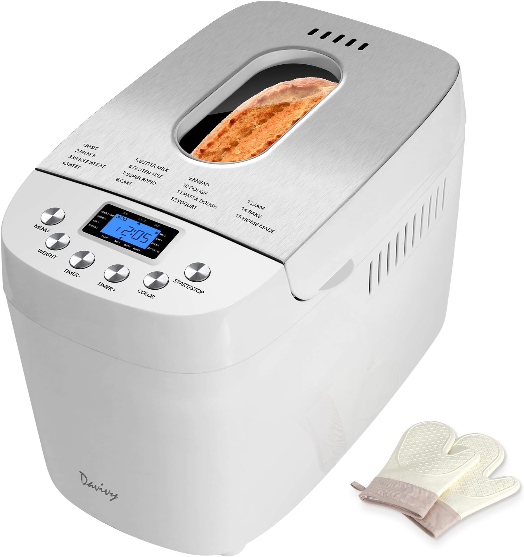 Davivy Bread Maker 3LB, 15-in-1 Automatic Bread Machine with Silicone Baking Gloves, Dual Kneading Paddles, Nonstick Pan, 15-Hour Delay Timer, 3 Loaf Sizes & 3 Crust, Nut Add-In Reminder