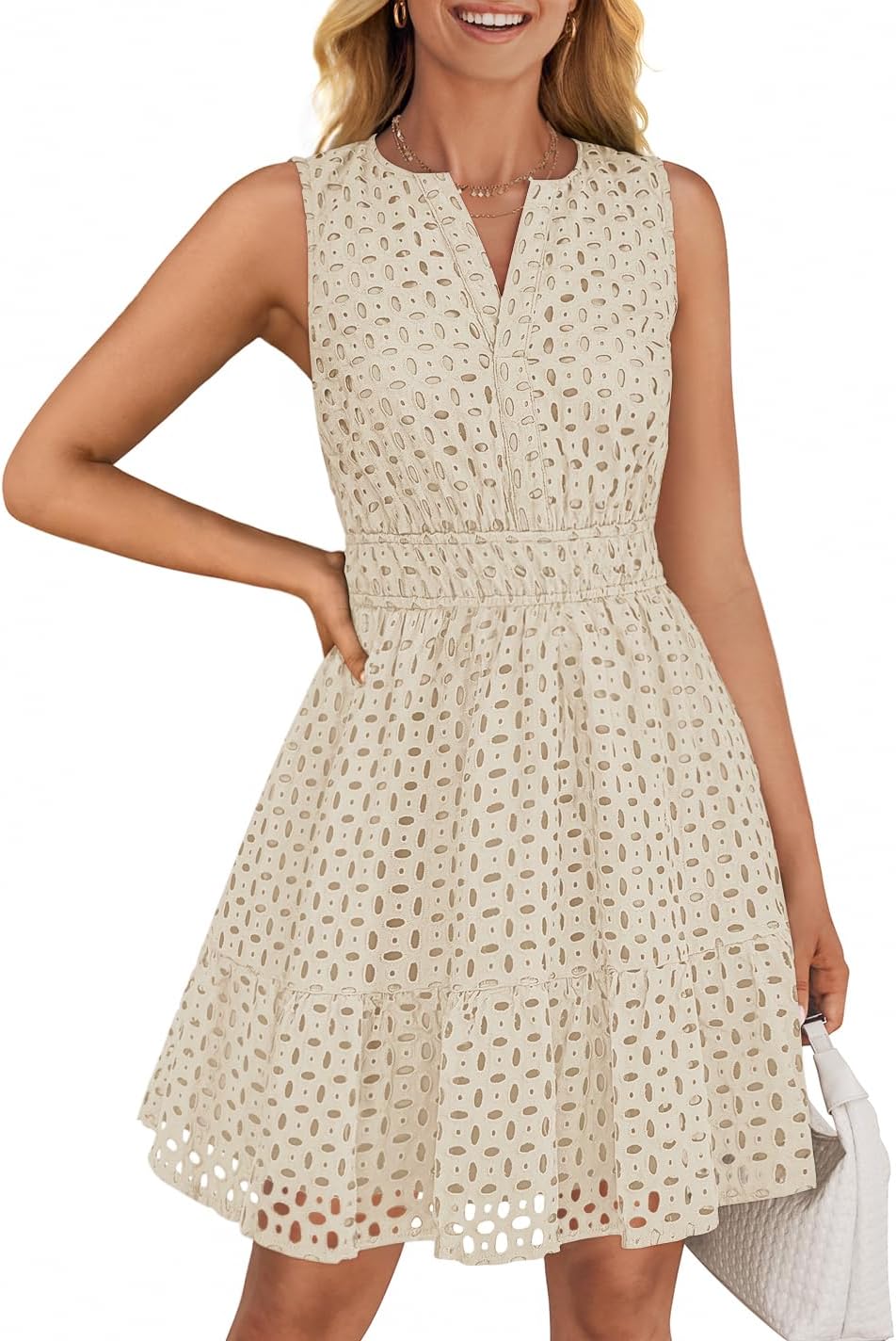 ZESICA Women's Summer Sleeveless Mini Dresses 2026 V Neck Hollow Out Eyelet Flowy A Line Beach Vacation Party Sundress