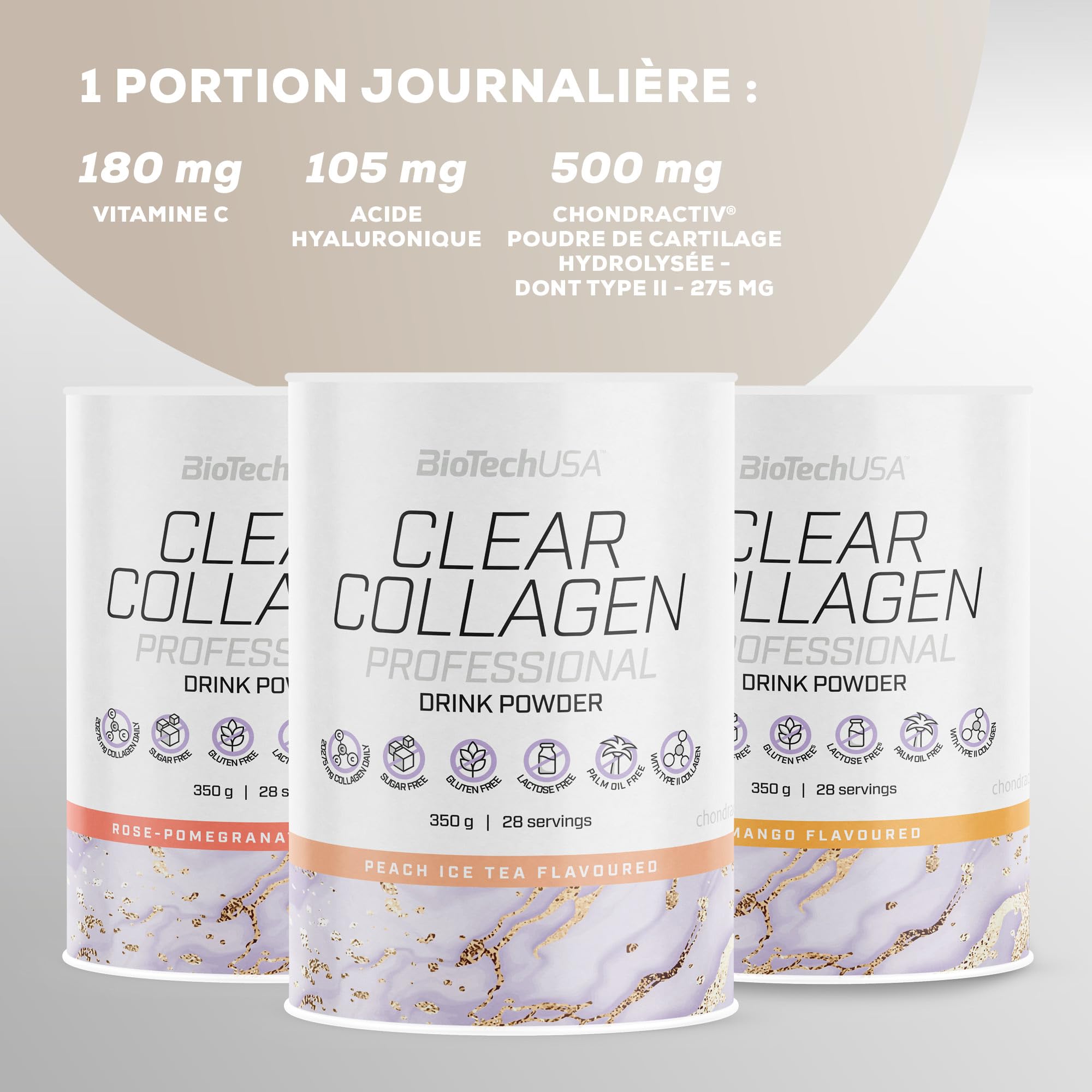 BioTechUSA Clear Collagen Professional | Boisson en poudre aromatisée | 20,275 mg de collagène de type I et II | Acide hyaluronique | Vitamines et minéraux | Sans sucre, 350g, Mangue