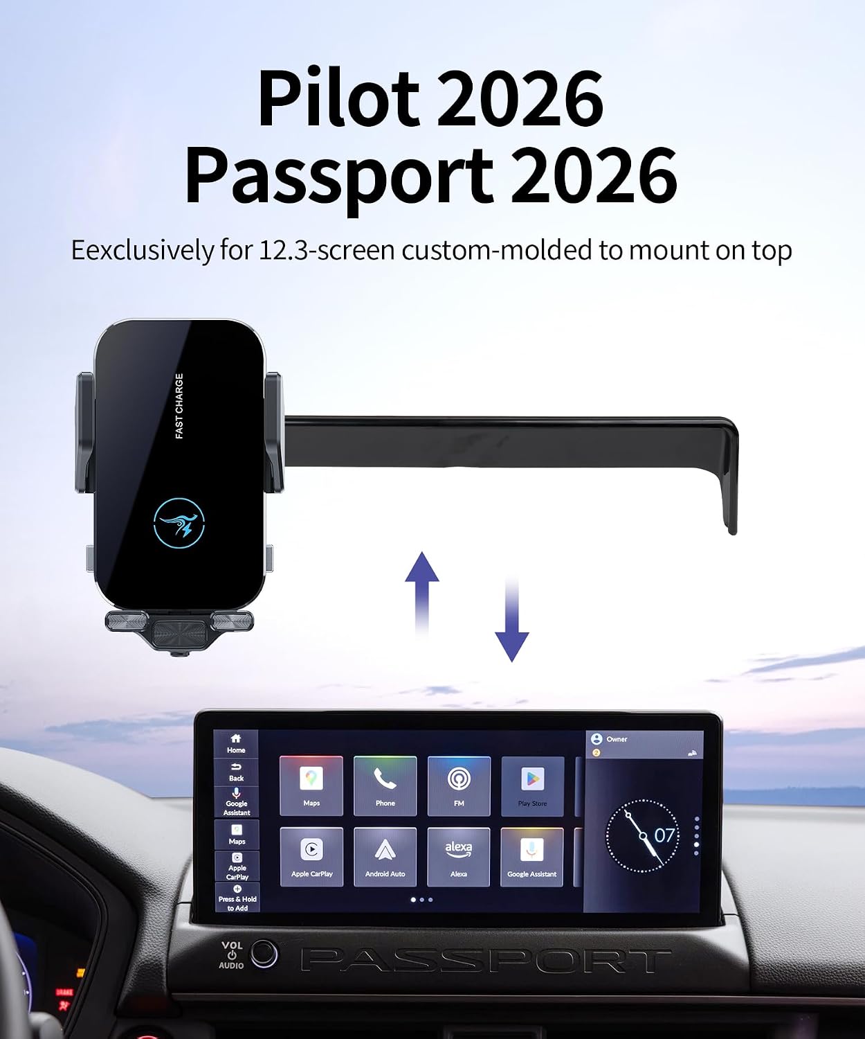 15W Wireless Fast Charger for Honda Passport 2026 / Honda Pilot 2026 Accessories 12.3-inch Screen Fixed Clip, Interior Decoration Mobile Phone Mount, 360° Rotation, Don't Affect Air Vent