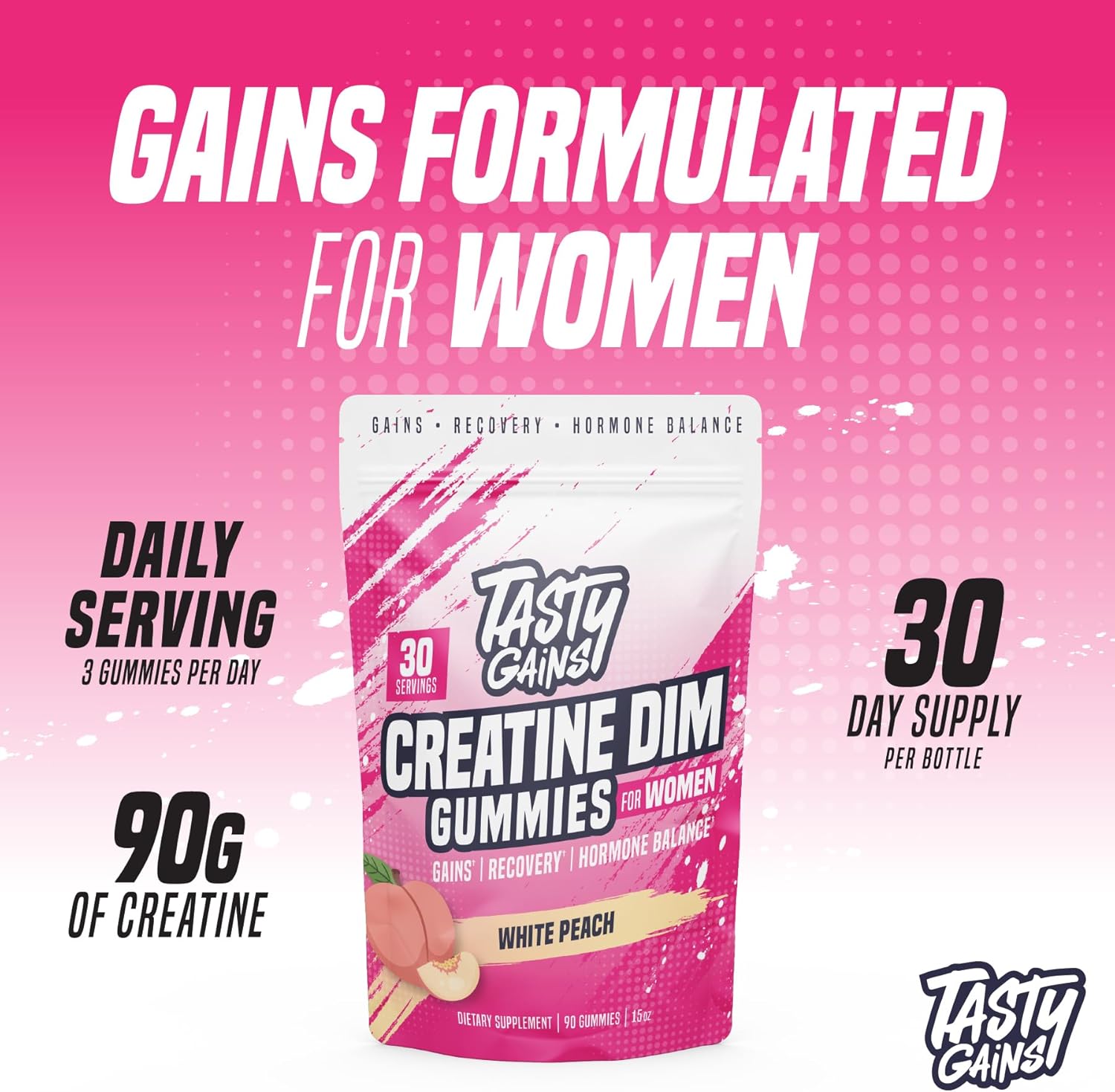 Creatine Gummies for women | 3g Creatine Monohydrate Per Serving | DIM Supplement 100 mg | Estrogen Balance for Women | Hormonal Acne, Hormone Balance, Glute Builder (90 Count, White Peach)