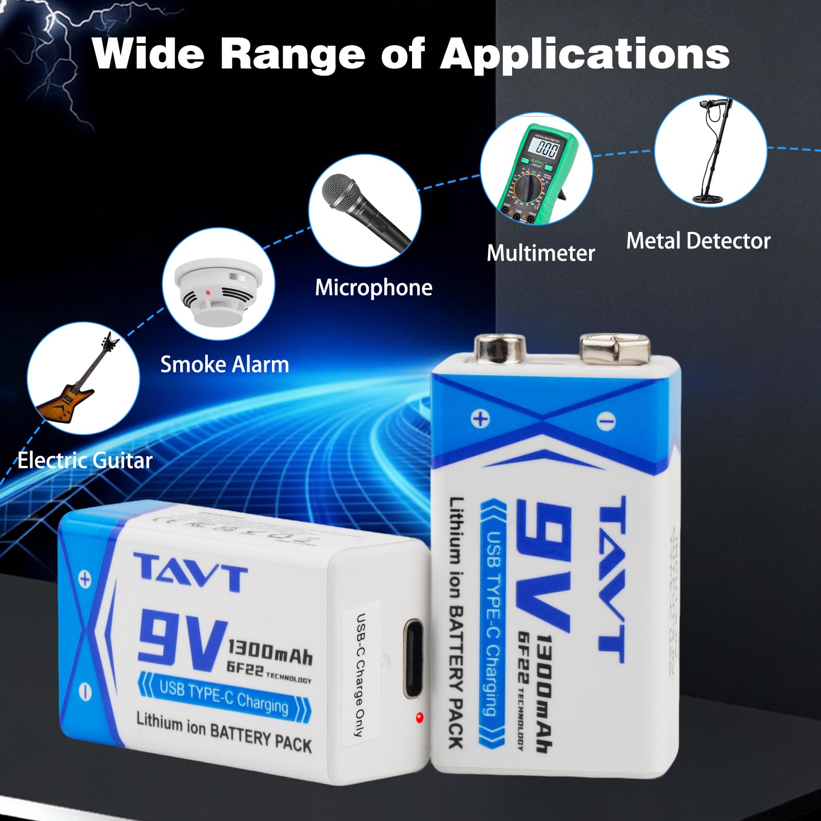 TAVT 2X 9V baterías de 1300mAh con Puerto de Carga USB-C para Juguetes, Detector de Humo, multímetro, walkie-talkies, micrófonos — view 6