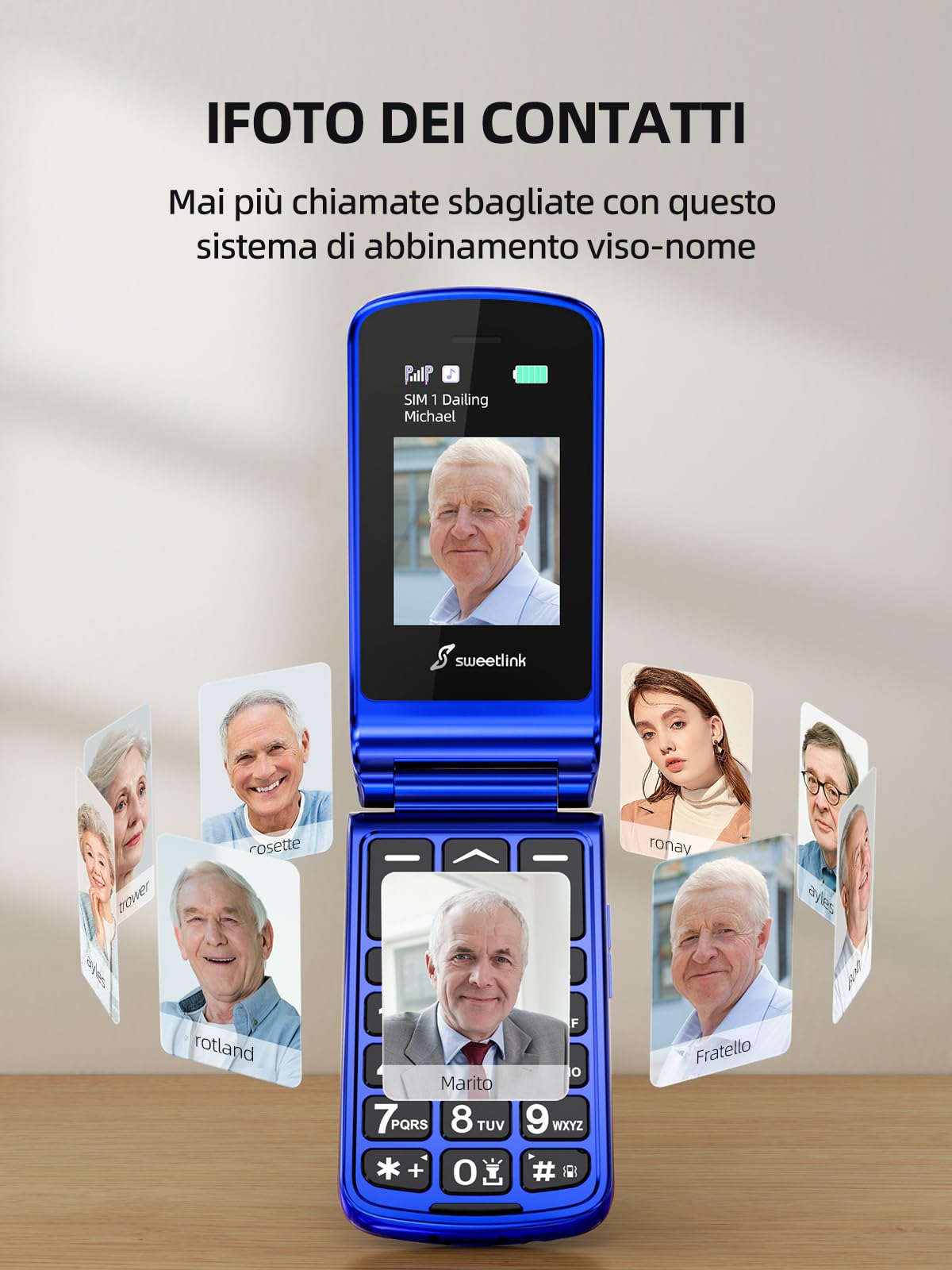 SweetLink F2 Plus Telefono Cellulare per Anziani, Flip Cellulare Anziani con Tasti Grandi, Contatti con Immagini, Base di Ricarica, Volume Alto, Funzione SOS, Doppia SIM,Pantalla 2.4", Blu