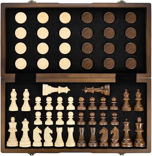 AMEROUS Juego de ajedrez y damas de madera magnética, juegos de mesa de ajedrez de 15 pulgadas (2 en 1), 2 reinas adicionales, paquete de regalo,