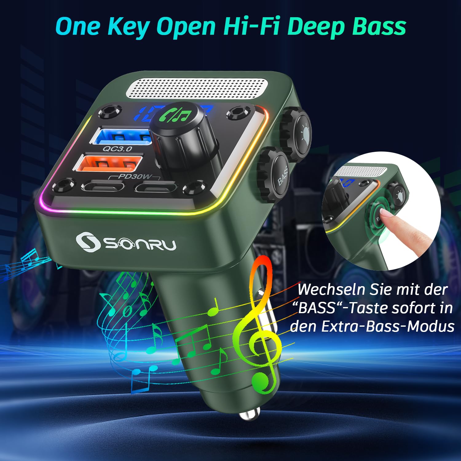 SONRU FM Transmitter Bluetooth 5.3 Adapter Auto, Bass & HiFi Stereo Freisprechanlage Mit [PD 36W & QC 3.0 18W] Schnelles Autoladegerät