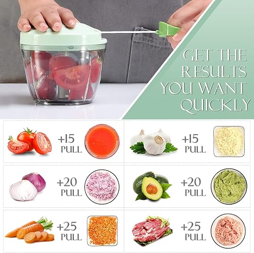 Miniatura 2 de Ourokhome Molinillo de ajo, picador de cebolla, procesador manual, portátil y rápido de alimentos, con cuerda, para verduras, jengibre, frutas,