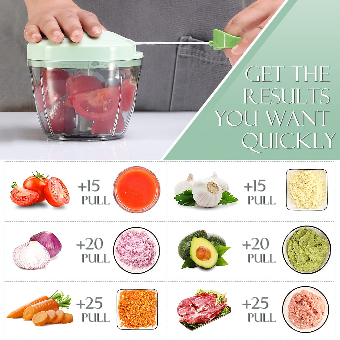Ourokhome Picador de ajo, picador de cebolla, procesador manual de alimentos, cortador de verduras de velocidad portátil para verduras, jengibre, frutas, frutos secos, hierbas, etc., 650 ml, verde