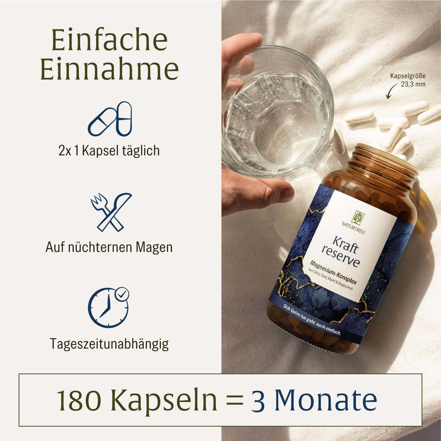 NATURTREU® Magnesium Komplex hochdosiert - Komplex mit: Magnesiumcitrat, Bisglycinat, Magnesium Malat und Magnesiumoxid - Vegan - 180 Kapseln