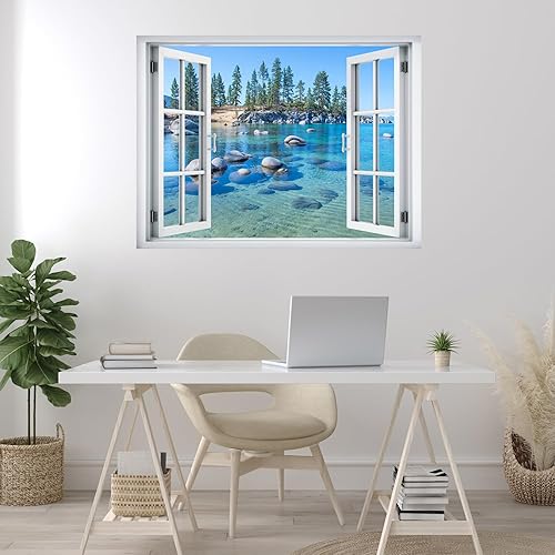 Miniatura 4 de wall26 Adhesivo mural removible para pared, vista de ventana, vibrante temporada de verano, bosque, lago vibrante, naturaleza, desierto, fotografía,