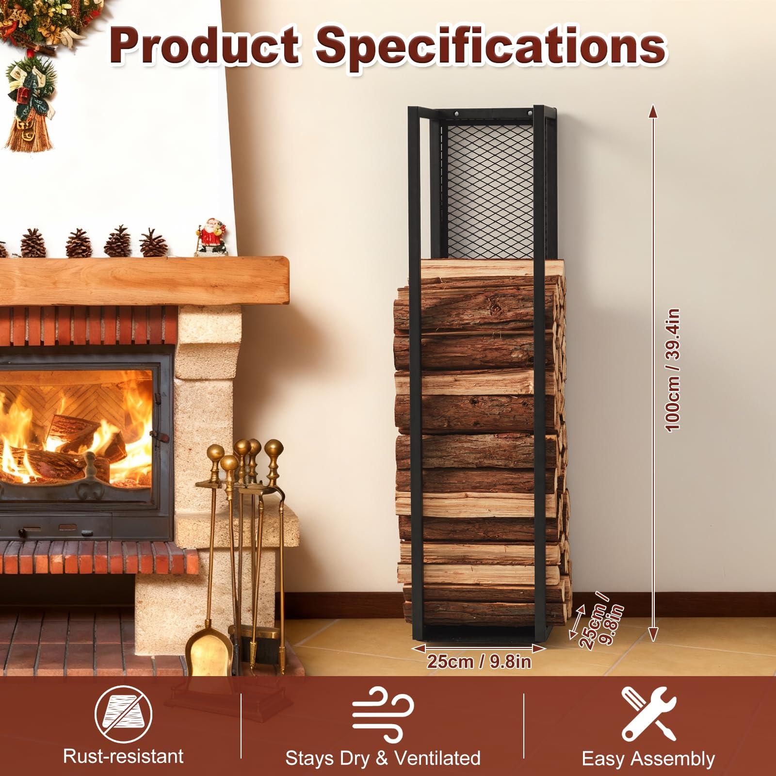 Metall Kaminholzregal Innen mit Rückwand, Wand Brennholzregal Innen 100 cm Kaminholzständer Feuerholzregal Schwarz für Kaminholz Brennholz, Kaminholzhalter Kaminholzlager innen & außen