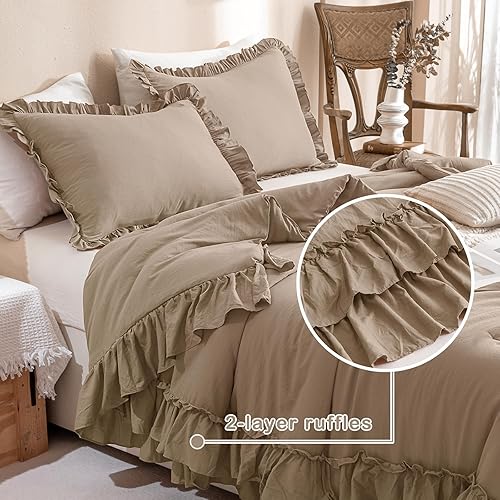 Miniatura 9 de Masaca Juego de edredón de 3 piezas con volantes y 2 fundas de almohada, tamaño King, estilo rústico, estilo campestre francés, estilo rústico,