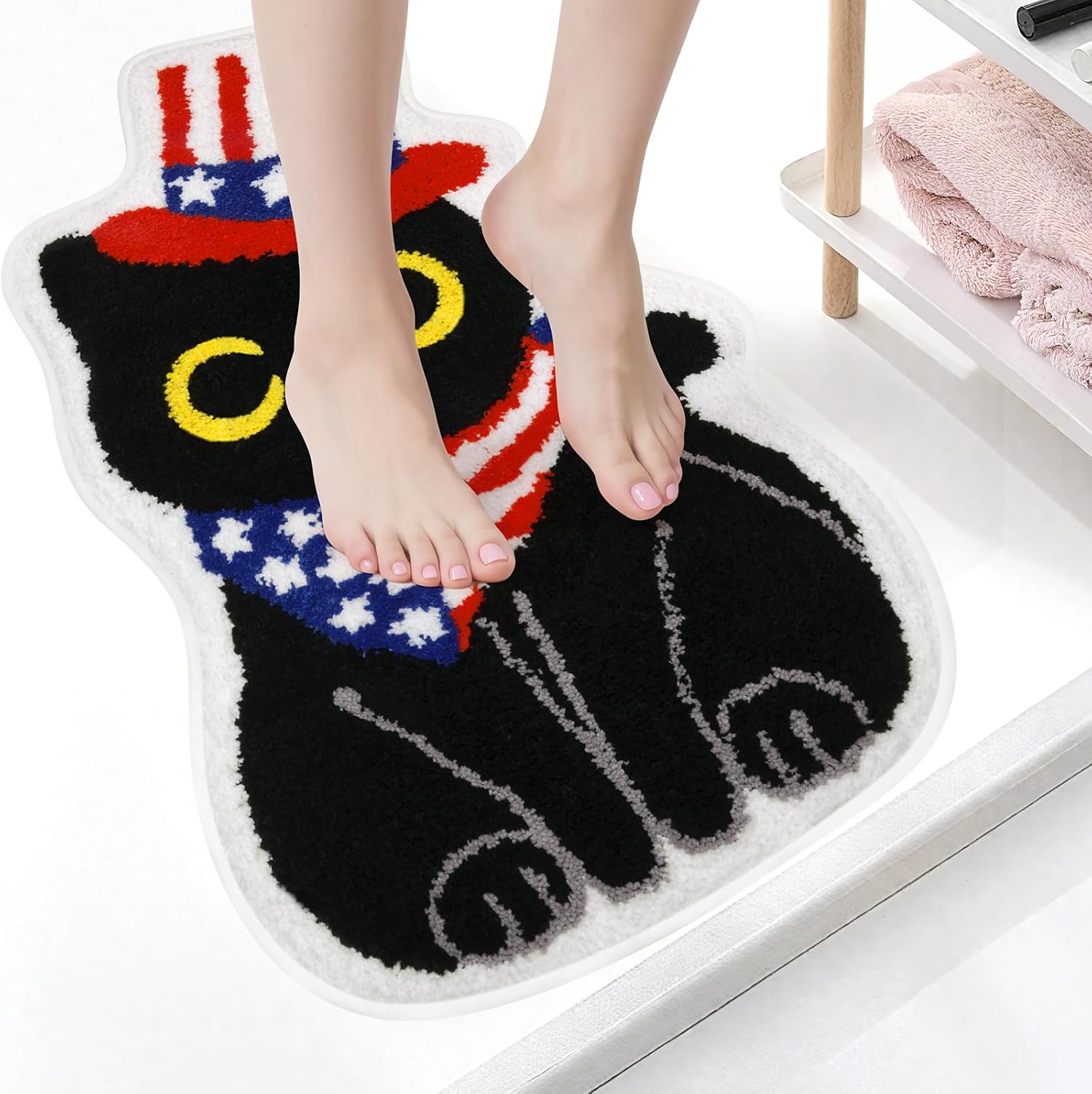 Independence Day Bath Rug,Patriotic Cat with July 4th Hat & Scarf Sitting Black Cat Bath Mat,Funny Non-Slip Absorbent Floor Mat for Bathroom Kitchen Entryway,32"x19"