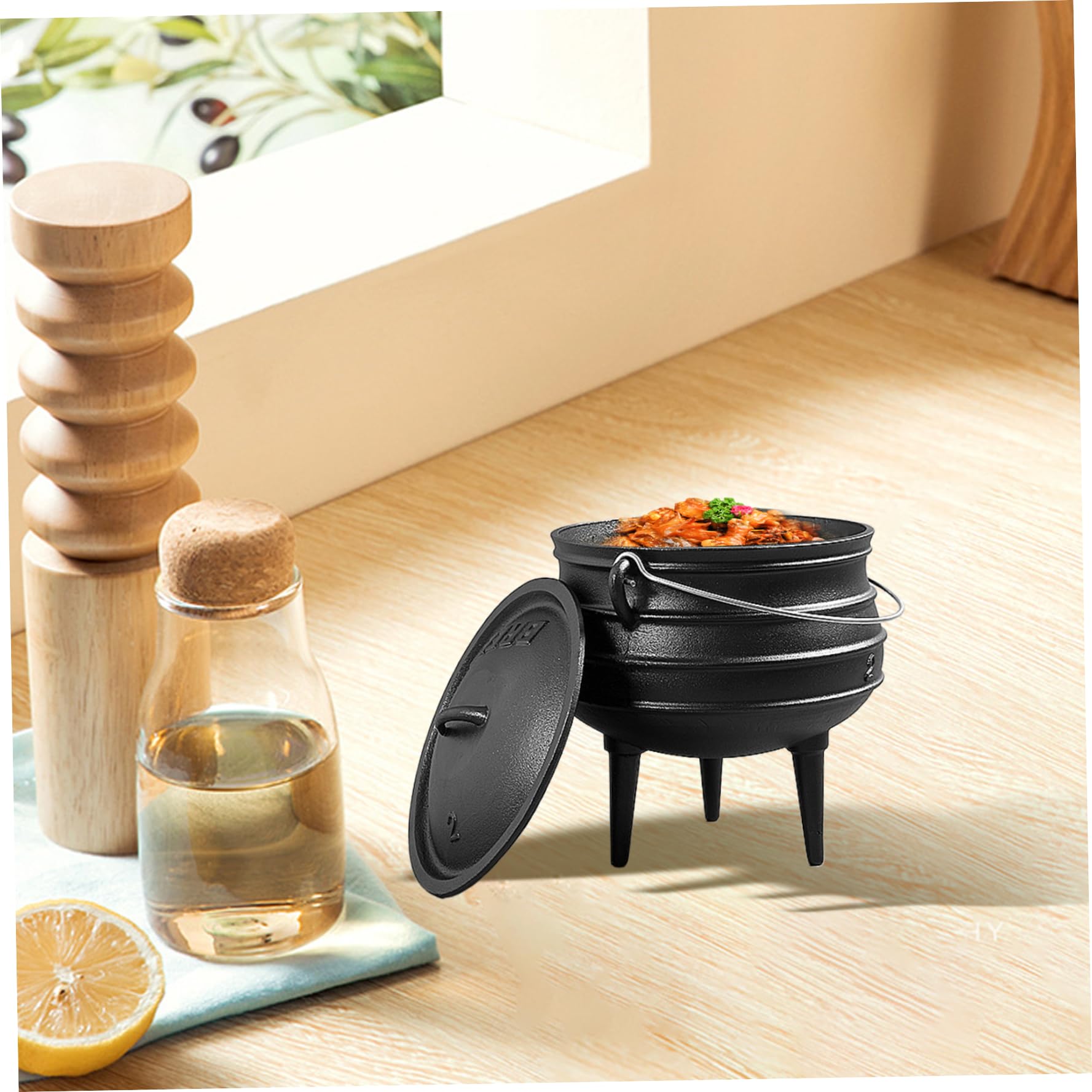 Chaudron 0,8 L Witches Cauldron avec couvercle et manche de camping ustensiles de cuisine four hollandais avec 3 longues jambes en fonte de chaudron à mijot