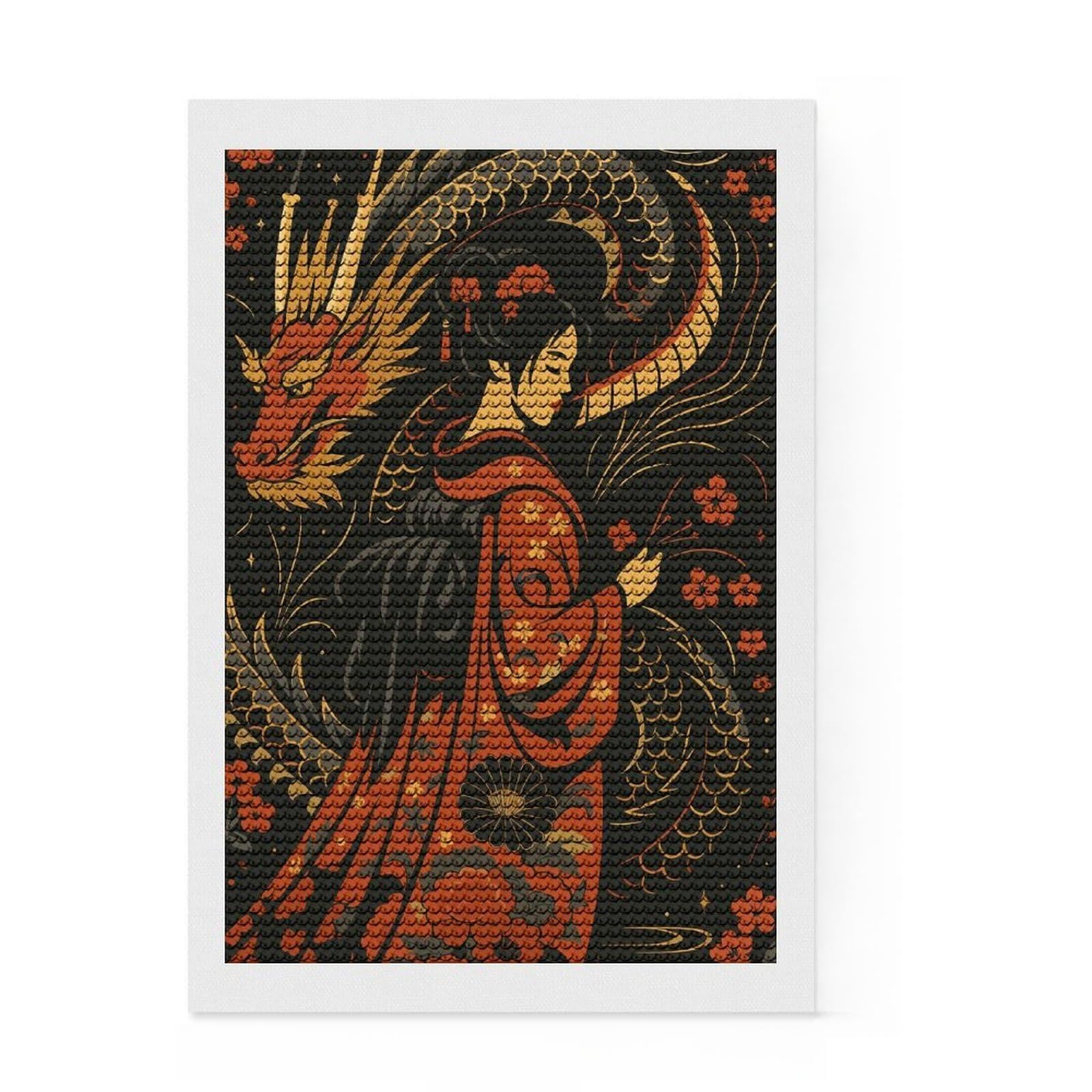 Junmoney Geisha and Dragon Art Illustration Diamond Art Kit 8"x12", Mindful Craft Activity, Office Decor, for Creative Relaxation, Thoughtful Handmade Gift