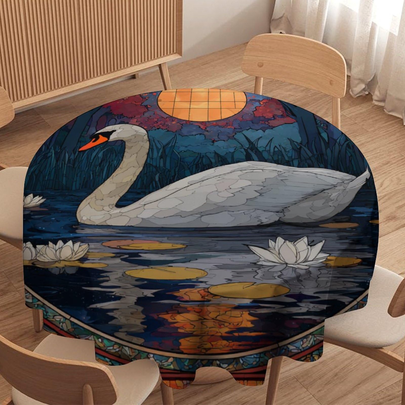 LUYYSKY Beautiful Classic Elegant Swans Round Tablecloth Modern Watercolor Full Moon Animals Swans Lake Pattern Washable Decor for Table Cover for Kitchen-91.4" Wx91.4 L cm