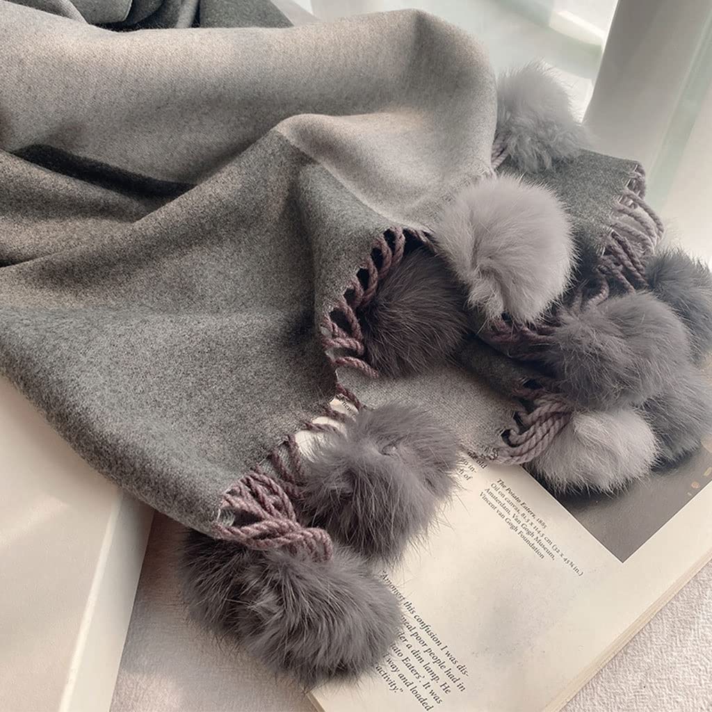 Szalik Zimowy Winter Lady Imitacja Kaszmirowy Szalik Królik Futro Pom Pom Pomien Ciepły Szal Wrap Kobiety Dwustronne Łączenie Długie Szaliki Tassel Szalik Szal(Grey)