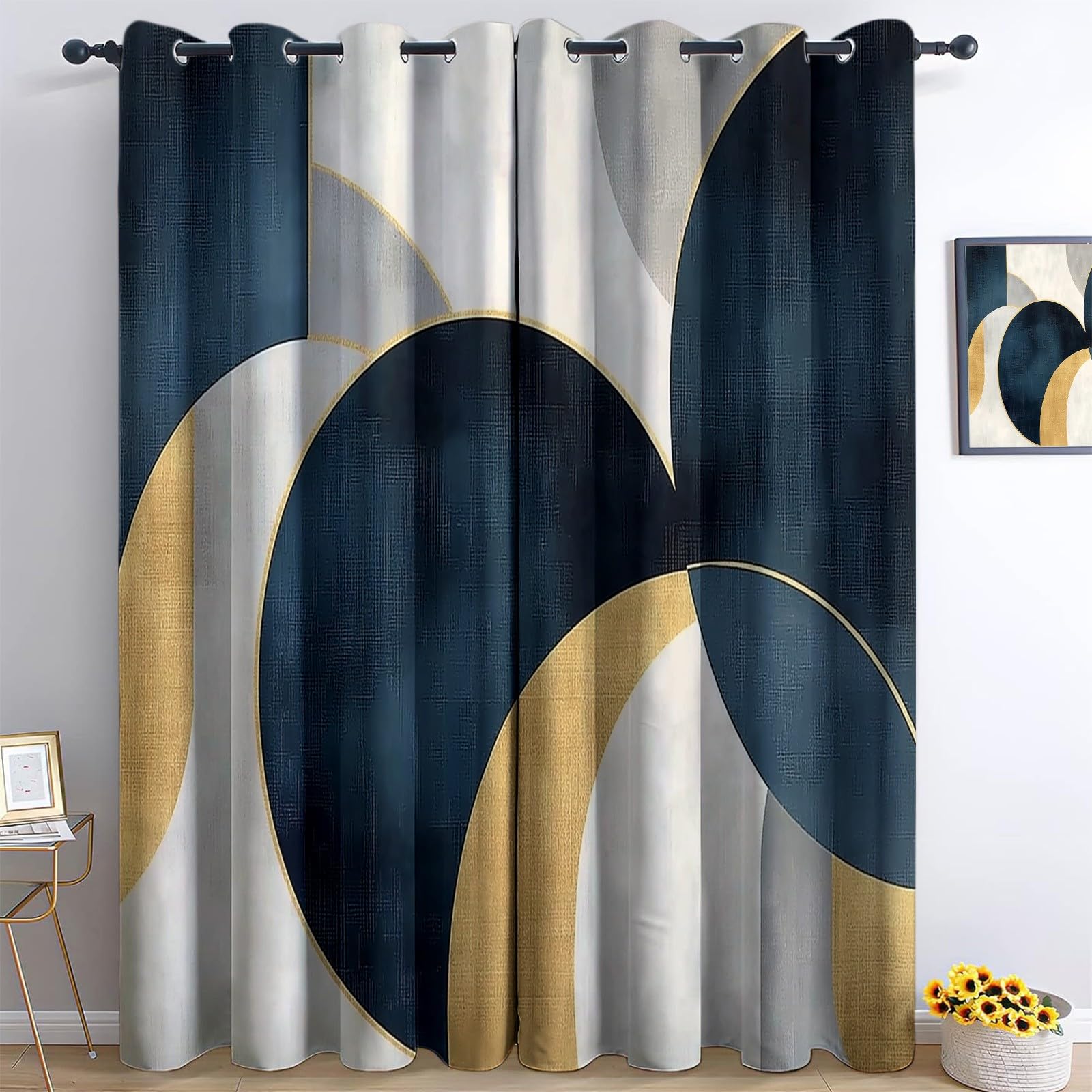 Rideaux Isolants 110L X 215H cm (2 Panneaux), Design Cercles Abstraits Modernes, Tenture Opaque Anti-Chaleur pour Chambre Principale, Marine