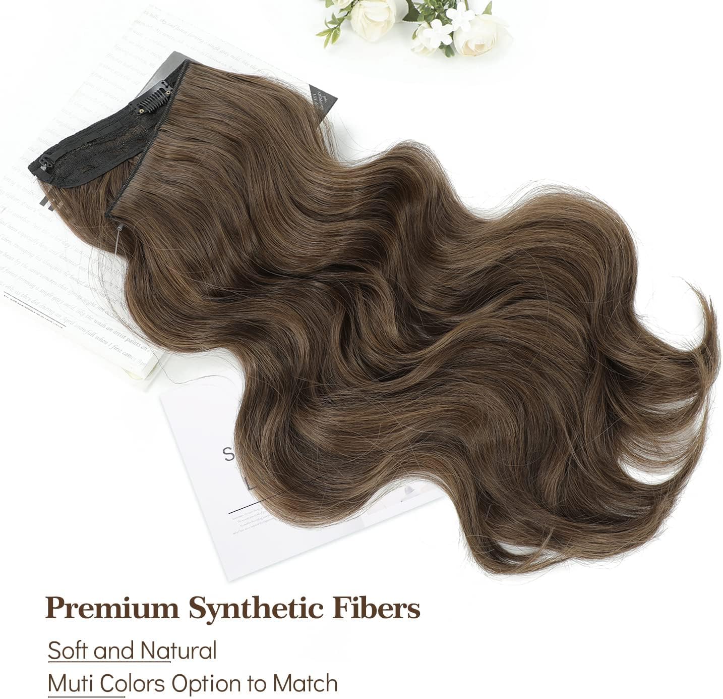 Ms TAj Brown Halo Hair Extensions 12 inch with Adjustable Size Removable Clips Invisible Secret Synthetic Curly Hairpiece for Women - Image 2