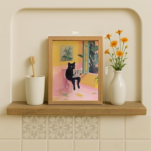 Miniatura 2 de Cyebmo Funny Bathroom Wall Art, Cute Black Cat Sitting on Toilet Reading Newspaper Wall Decor, Whimsical Pink Abstract Animal Canvas Artwork for