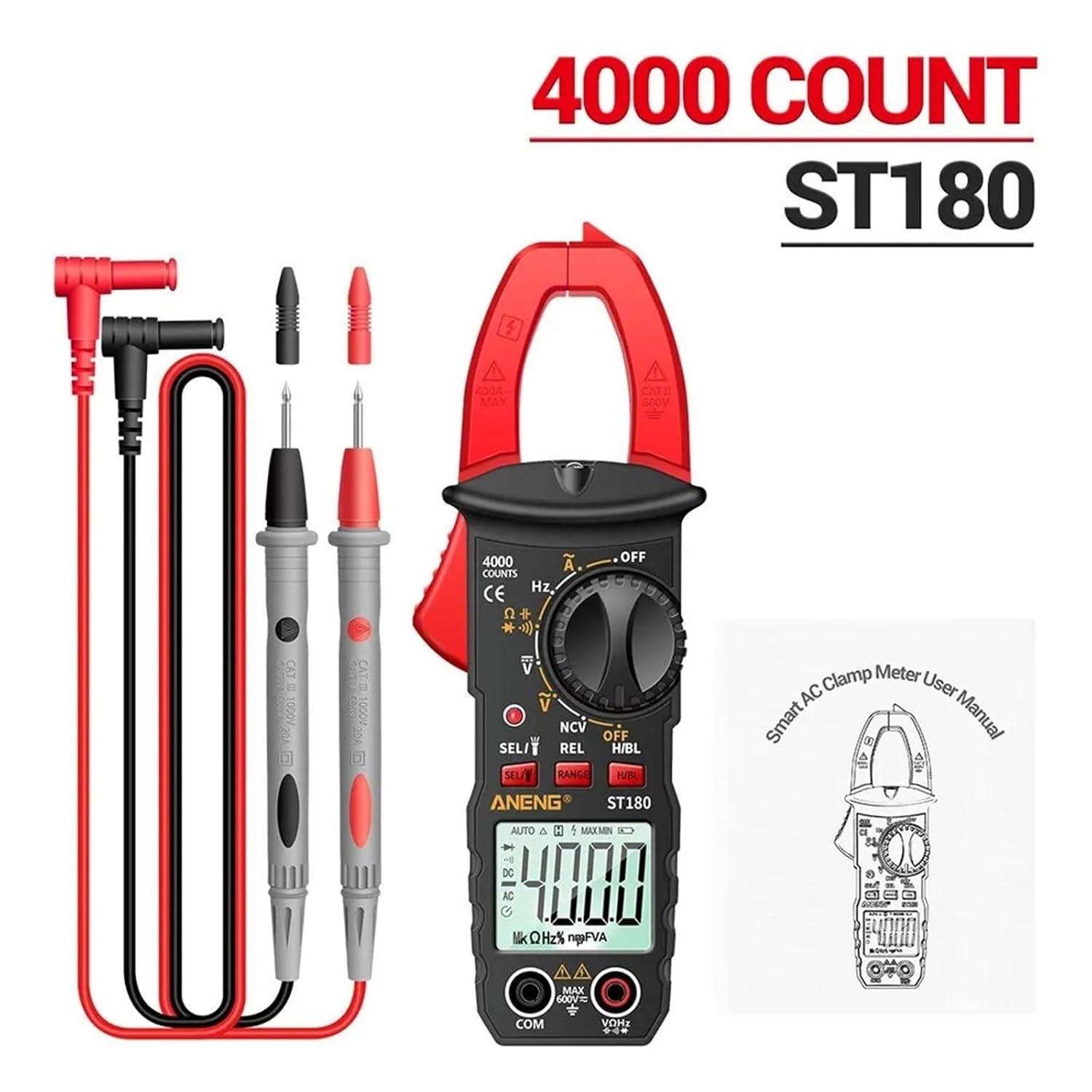 ST180 4000 Counts Digital Clamp Meter AC Current Multimeter Ammeter Voltage Tester(ST180 red)