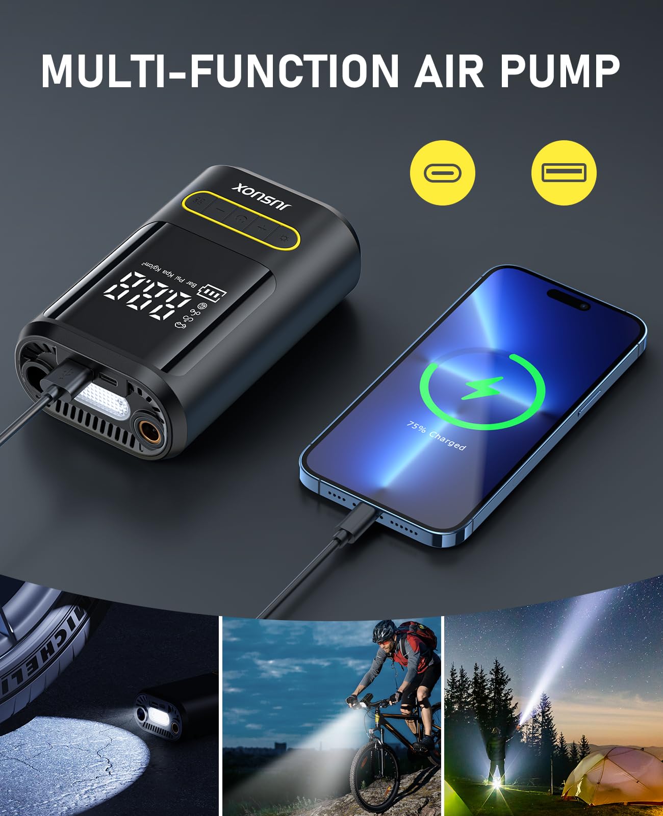 Tire Inflator Portable Air Compressor Electric Bike Pump with Digital Pressure Gauge 150 PSI Cordless Air Pump for — view 8