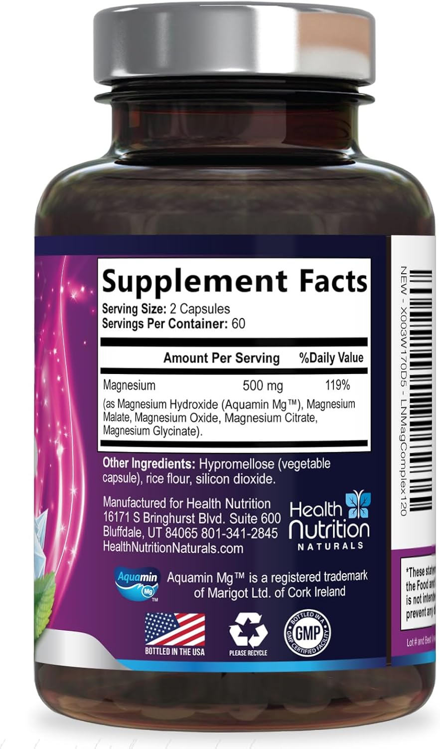 Magnesium Complex Capsules - 500mg per Serving Magnesium - High Absorption Chelated Mineral Supplement - with Oxide, Glycinate, Malate, Citrate for Muscle Bone and Heart Health Support - 120 Capsules 120 Count (Pack of 1) image 8 of 8 B0CBN9RXS9