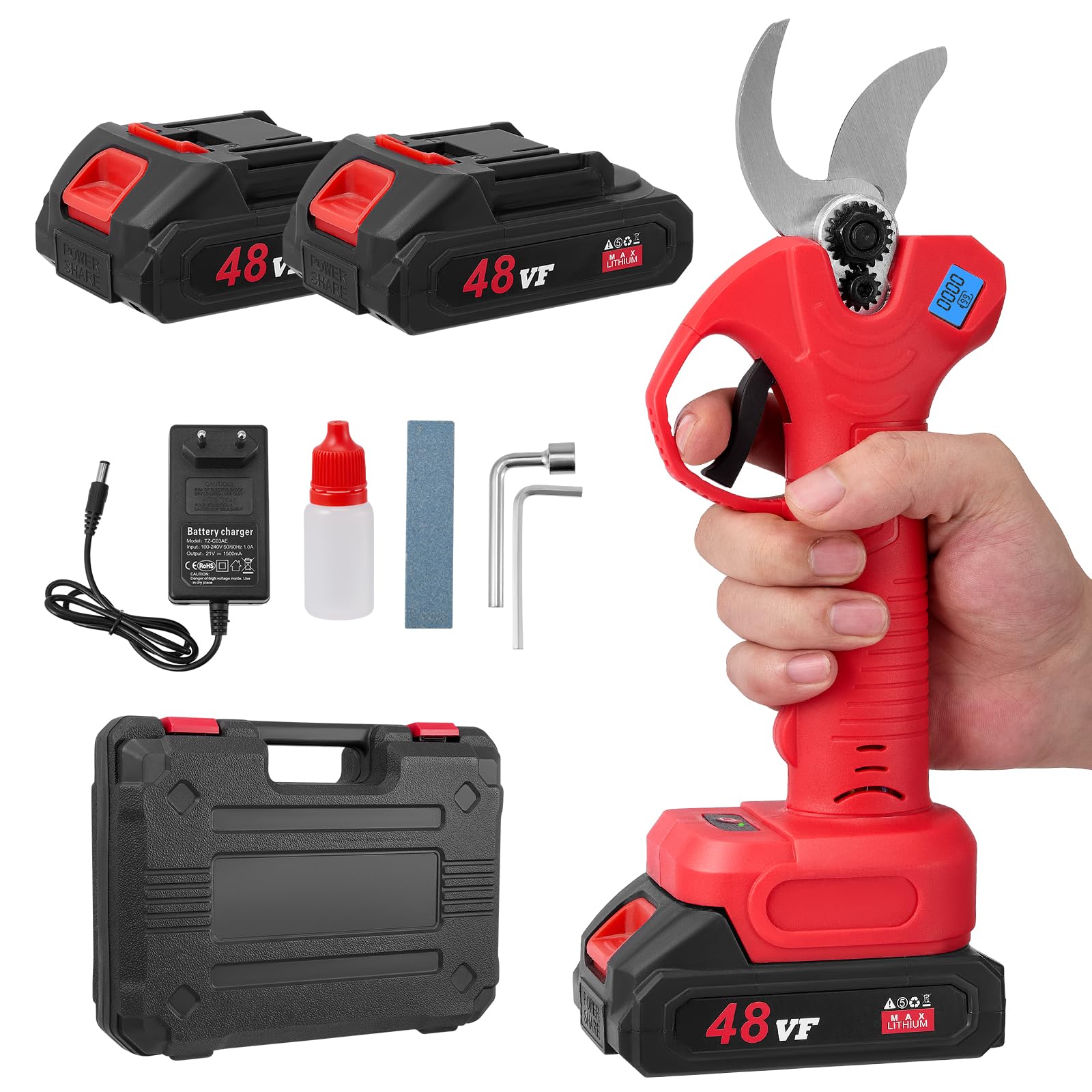tijeras de podar eléctricas 30mm 600W Tijeras de Podar Bateria con 2 Baterías 2000mAh Trabajo Hasta 5 Horas Pantalla LCD Profesional Tijera de Podar para jardín,granja,ramas,arbustos,troncos