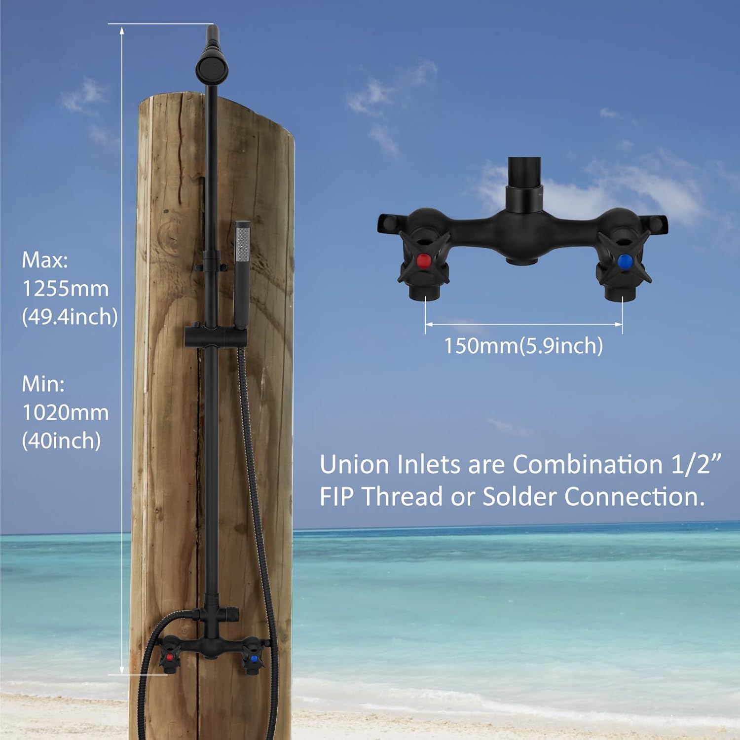Aolemi Wall Mount Outdoor Shower Kit,Outdoor Shower Fixtures Faucet System with Handheld Spray,Double Handle 6 Inch Center Exposed Shower with Shower Head Matte Black