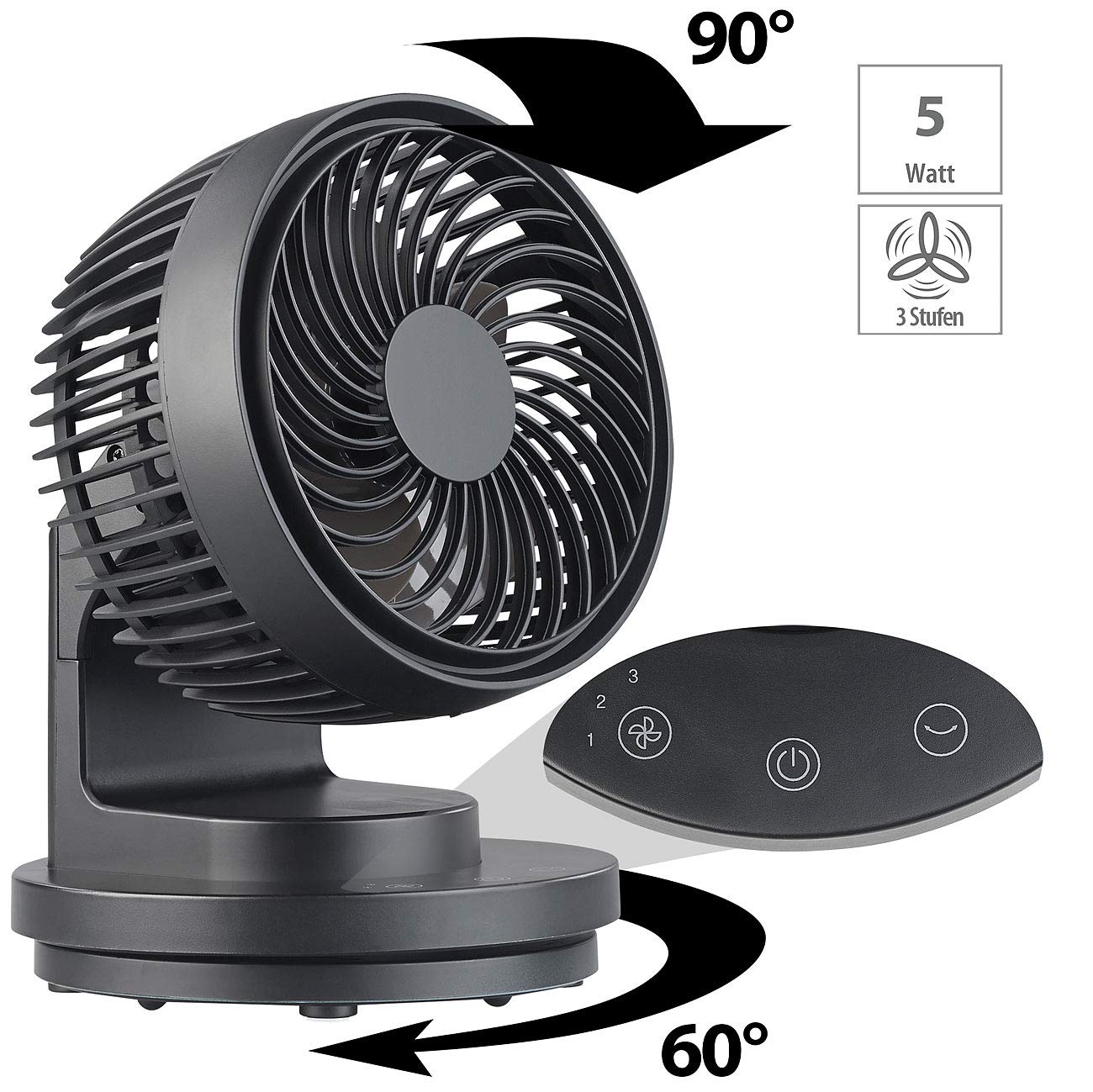 Sichler Haushaltsgeräte Fan: USB-Tischventilator, 3 Stufen, Oszillation, bürstenloser Motor, 5 Watt (Ventilator Auto, Desktop-Ventilator, Mini)