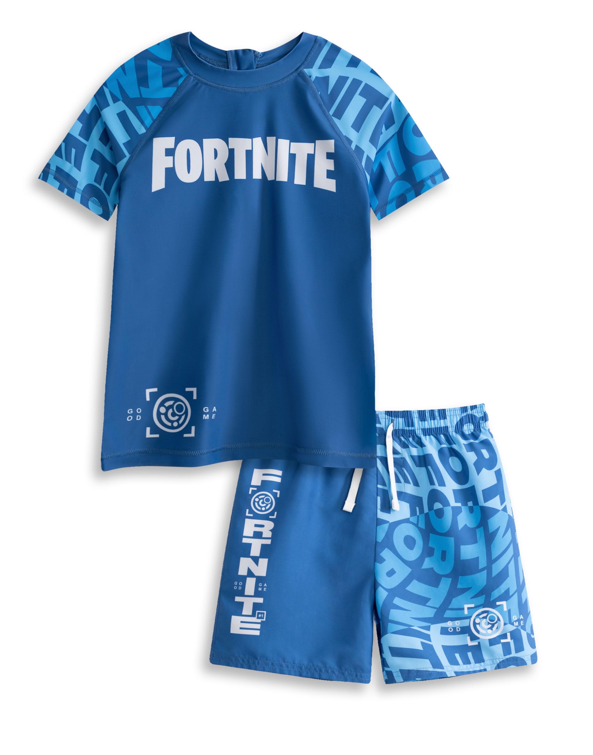 Fortnite Boys Blue 2 Piece Swim Set | Short Sleeve Raglan Tee & Drawstring Shorts | Logo Print Beachwear | Holiday & Poolside Swimming Costume | Kids Game Merch - 13-14 Years