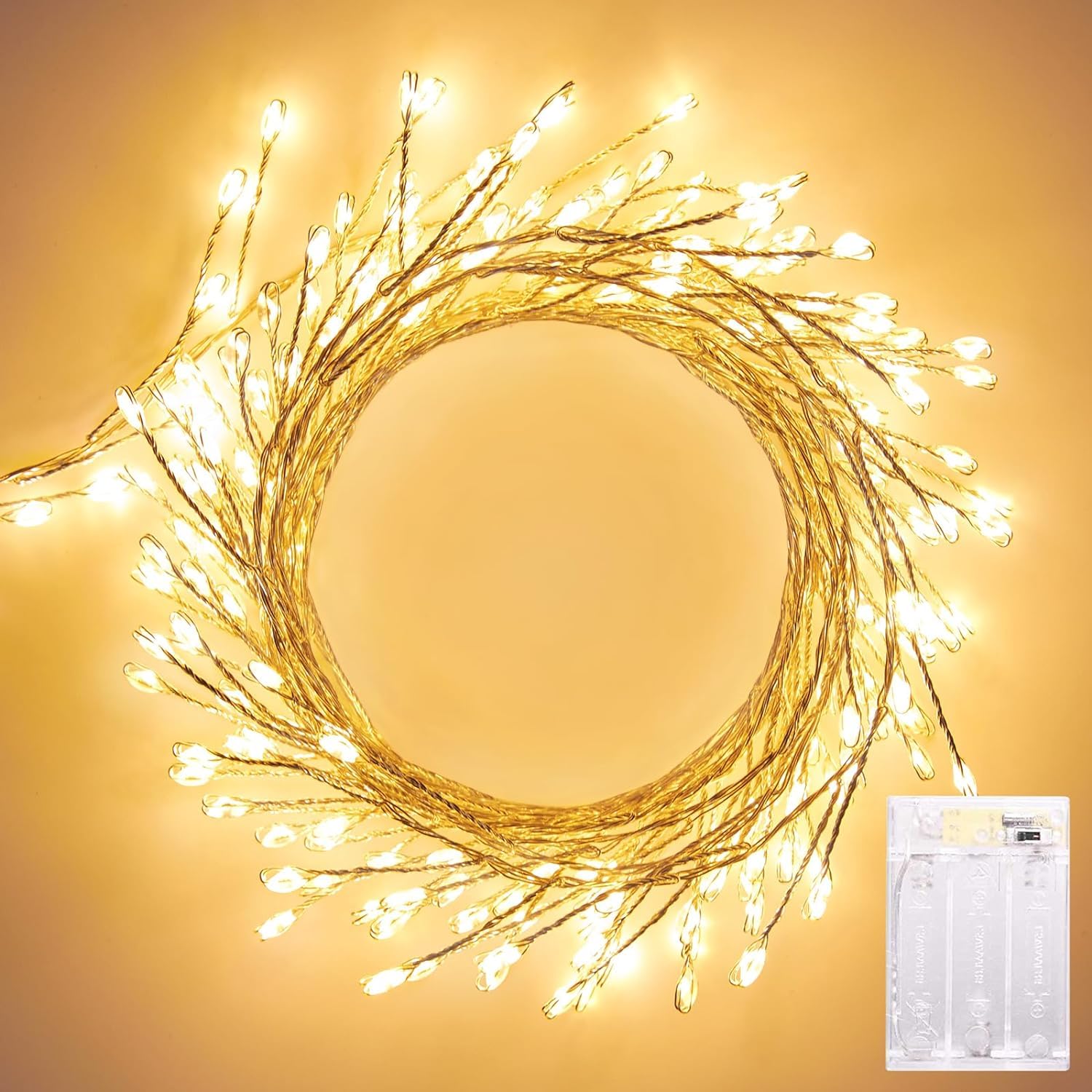 20FT Battery Operated Fairy Lights, 200LEDs Firecracker String Lights Waterproof Silver Wire Starry Firefly Lights for DIY Wreath Home Weeding Indoor Outdoor Christmas Decorations, Warm White